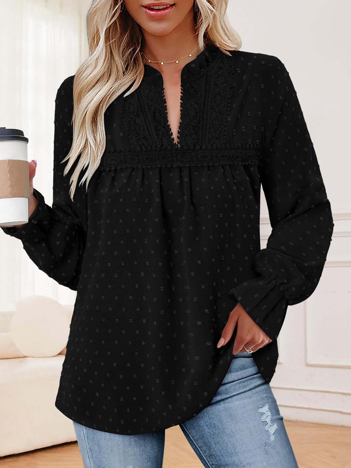 BETTE BOUTIK Womens Boho Fall Fashion Tops Long Sleeve Casual Shirts Flowy Swiss Dot Blouses - Image 3