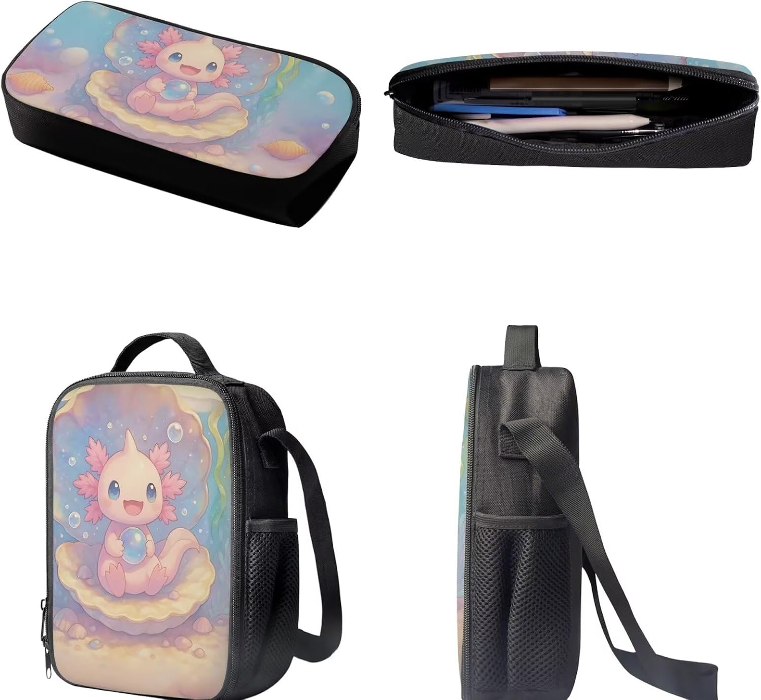 Dolyues 3 Pack Axolotl Backpack Lunchbox Combo Kids Cute Bookbag for Girls Age 6-8 Back to School Book Bags Lightweight 3rd Grade Outdoor Rucksack