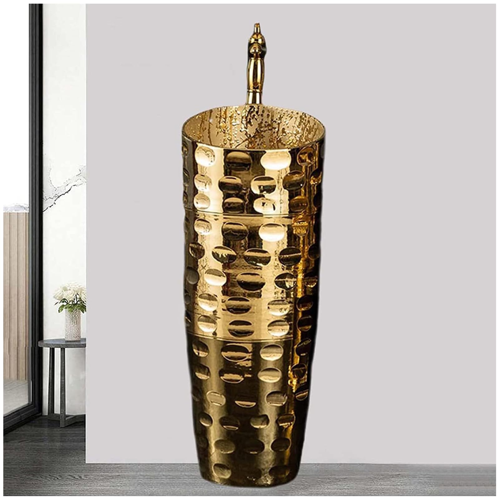 ZTGL Gold Ceramic Pedestal Sink Modern Freestanding Bathroom Sink