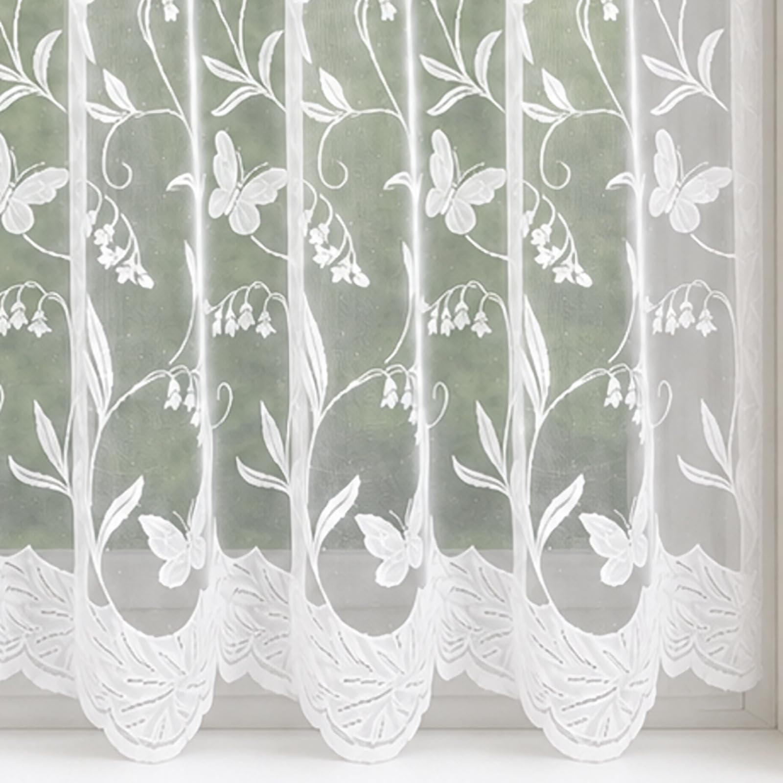 63" (160cm) Drop - Imogen White Butterfly Lace Net Curtain With Floral Vine Design And Scalloped Hem - Choose Your Design - Sold By The Metre - Supplied In One Continuous Piece - Slot Top