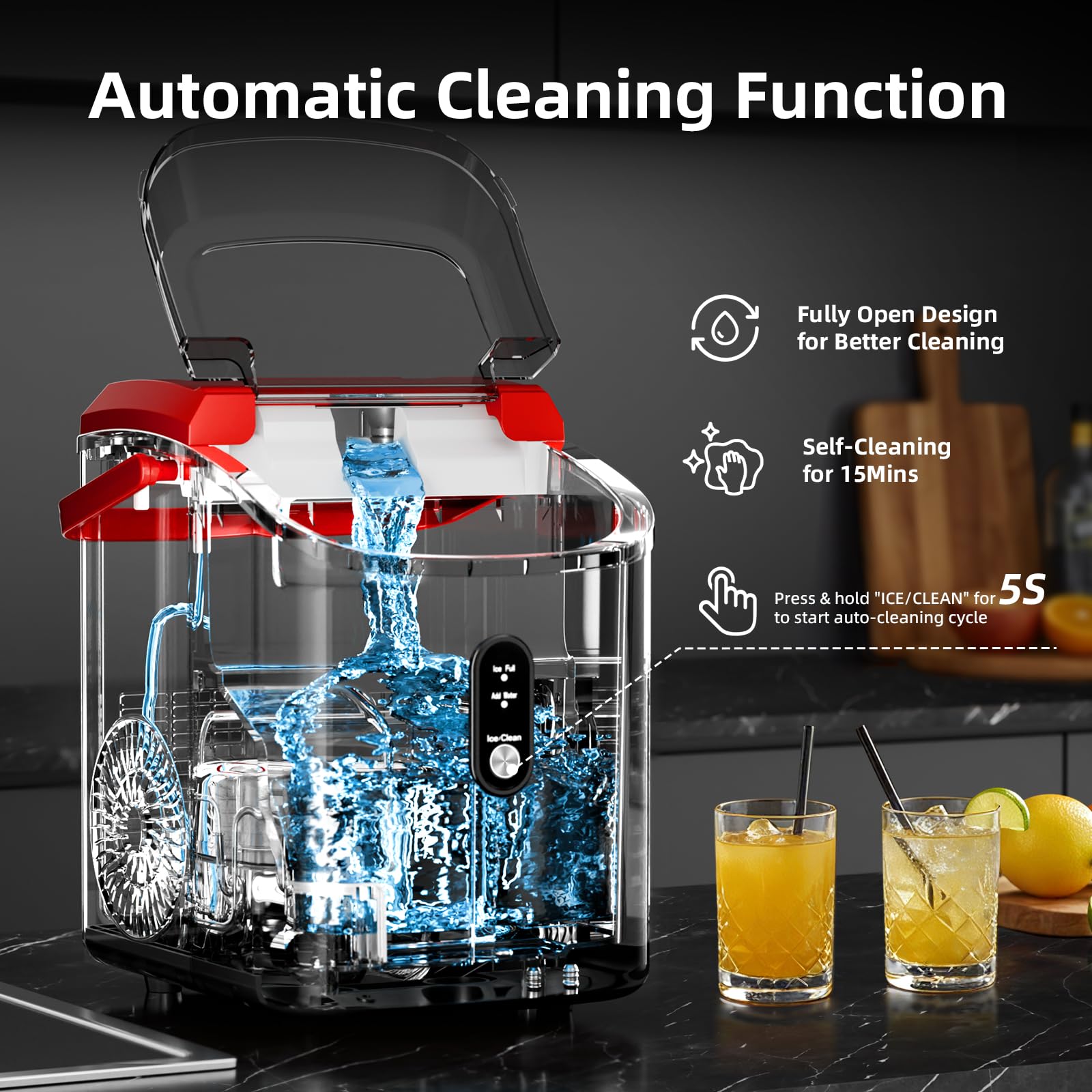 Nugget Countertop Ice Maker With Soft Chewable Pellet Ice, 34lbs/24h,Pebble Portable Ice Machine With Ice Scoop, Self-Cleaning, One-Click Operation, For Kitchen/Office/Bar, Red on Fridge.com - View 5