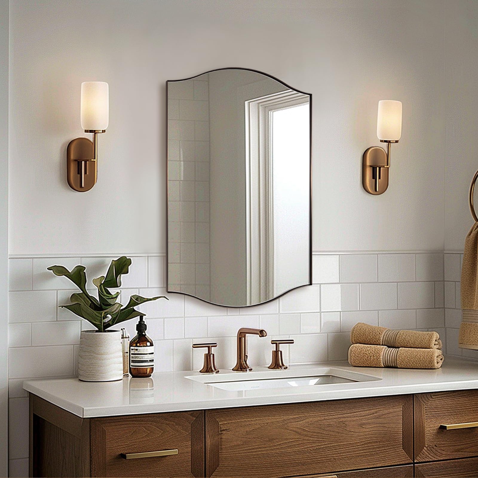 ANDY STAR 20"x30" Bronze Bathroom Mirror, Rectangle Scalloped Wall Mirror in Stainless Steel Metal Frame, Modern Brushed Bronze Finish with Curved Edge Design, Wall-Mount Mirror for Bathroom, Entryway