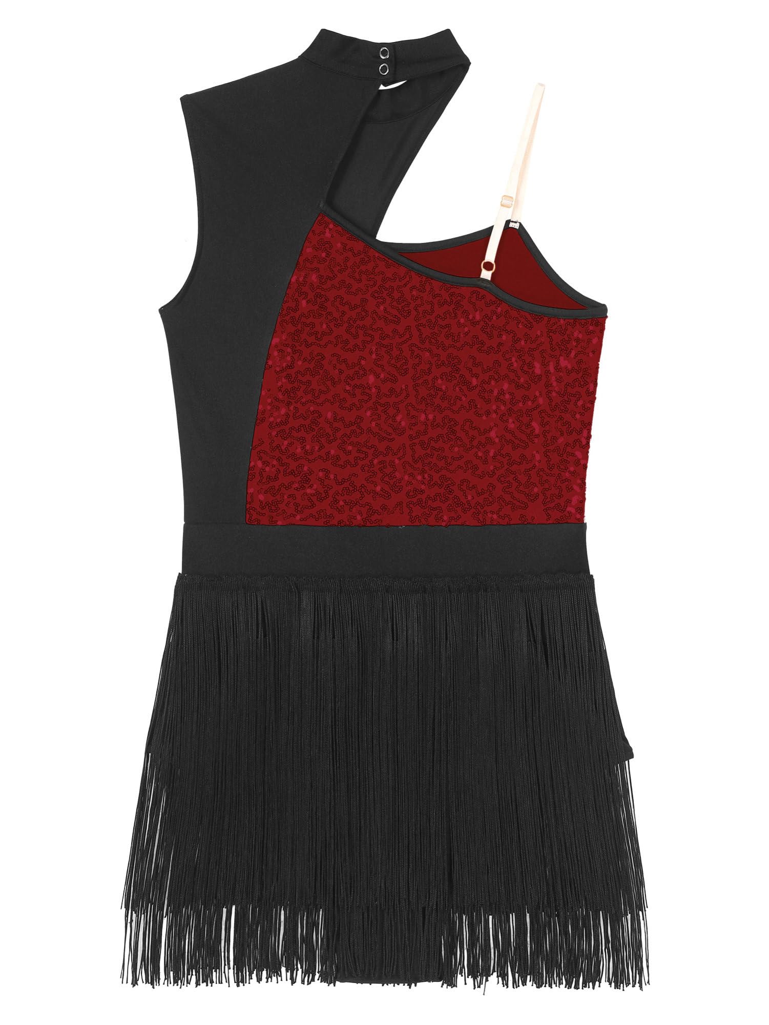 IEFIEL Vestido de Danza Lentejuelas con Flecos sin Manga para Mujer Maillot de Baile Latino Tango S-XXL