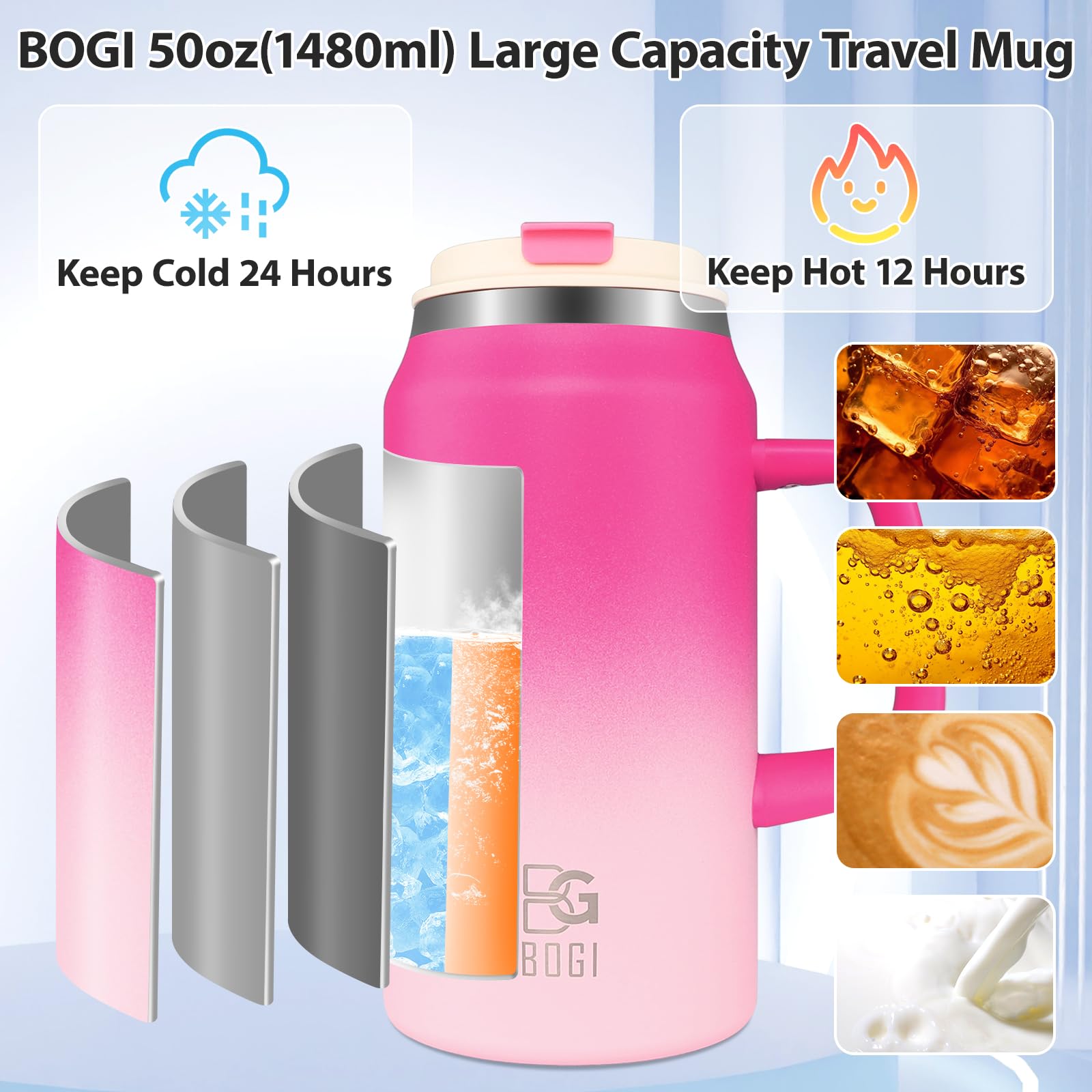 BOGI 50oz Tumbler with Straw and Lid,Large Capacity Travel Mug with Handle Insulated Stainless Steel Water Bottle Cup Keep Cold and Hot for Tea Coffee Leak-Proof - Image 3