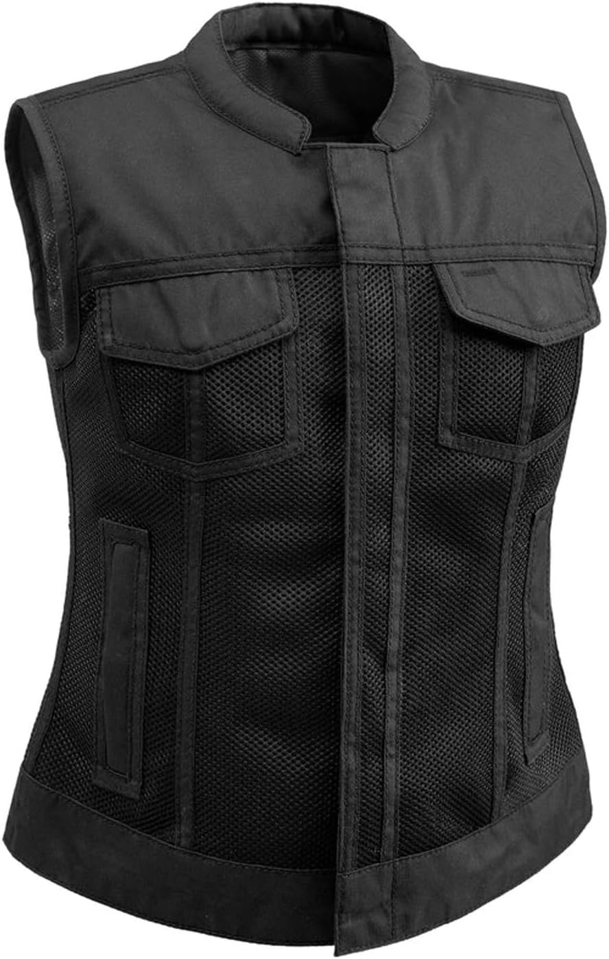First Mfg Co Jessica Womens Motorcycle Biker Riding Leather, Mesh, Perforated Armor Biker Vest for Women with Contrast Stitch