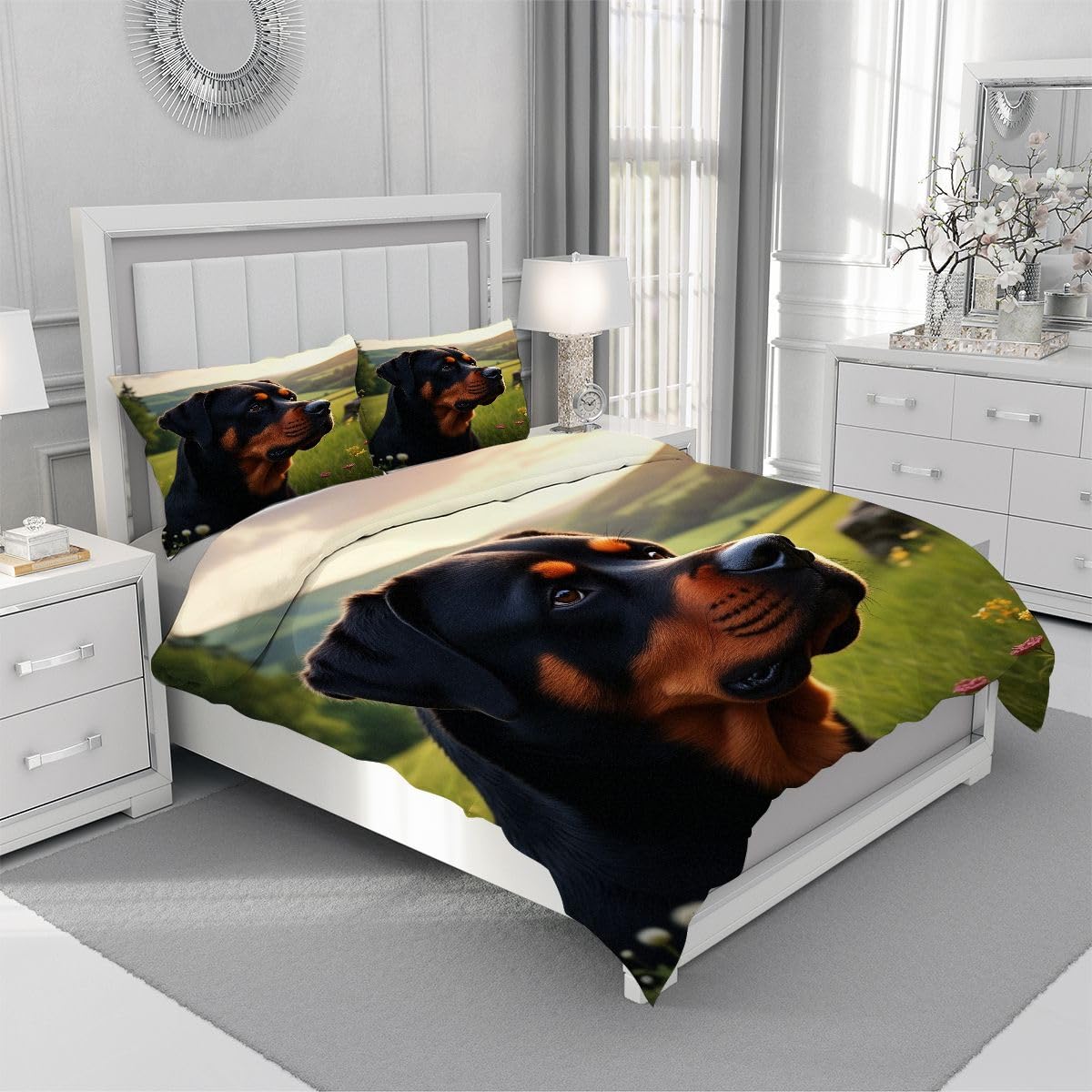 Zestaw pościeli 240 x 260 cm 3-częściowy rottweiler, pościel z nadrukiem 3D z mikrofibry, zestaw pościeli można prać w pralce i łatwy w pielęgnacji dla 2 osób