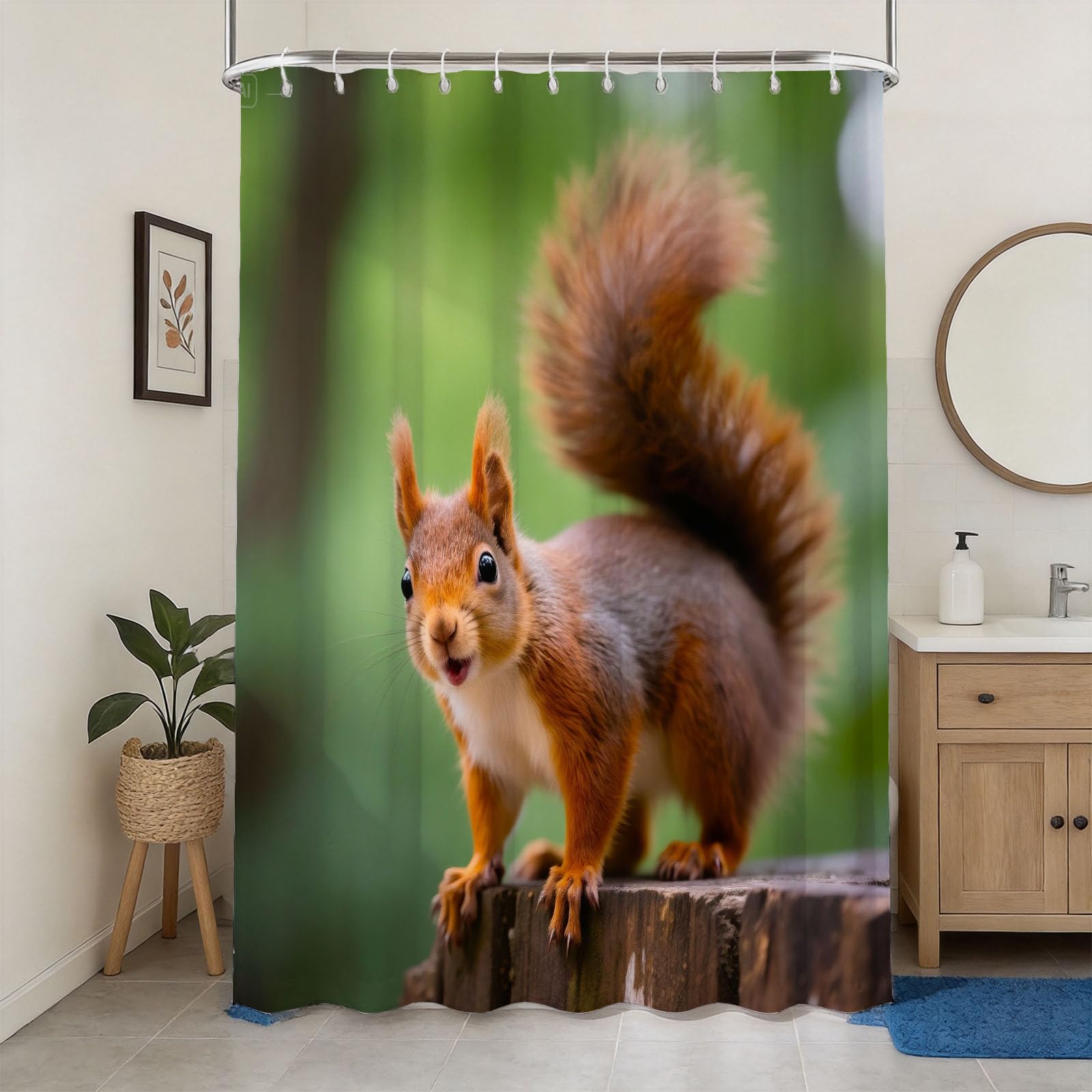 Hongduo 3D Red Squirrel Shower Curtain for Stalls Bathtubs Natural Bathroom Decor Shower Curtain Set Polyester Fabric Waterproof 180x200cm/71X79 Inch with Hooks