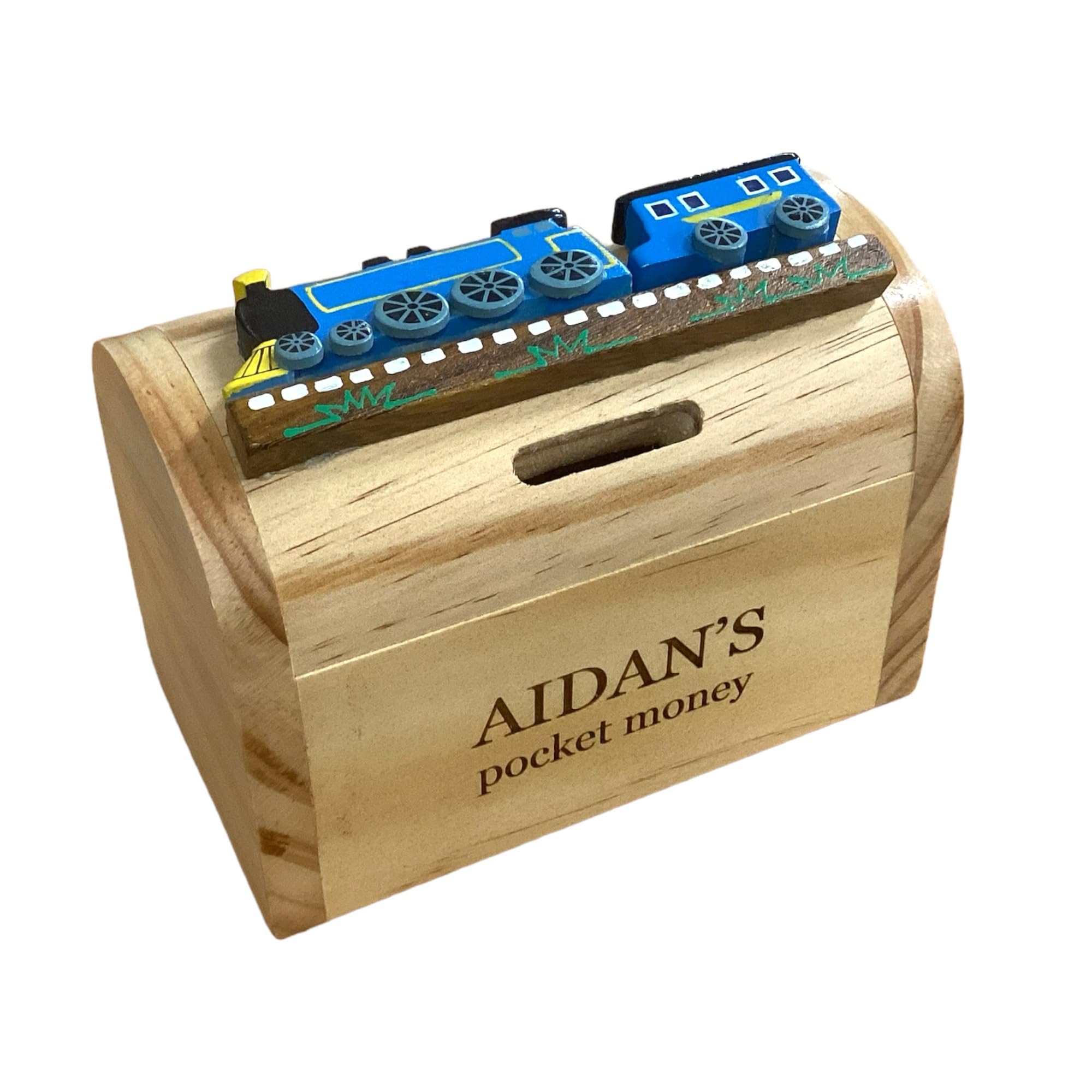 Personalised Blue Train Design Wooden Money Box - Engraved With Any Name/Message