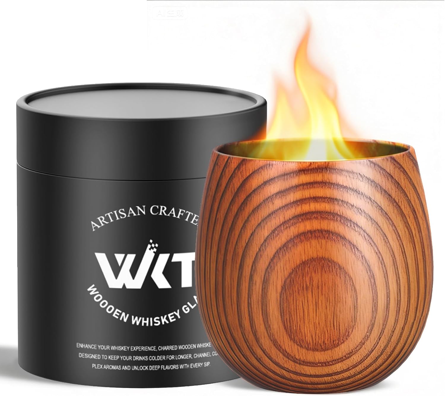 Charred Wooden Bourbon Drinking Glass, 2 Pack Bourbon Gifts for Men Oak Old Fashioned Whiskey Tumbler For Men Great Whiskey Gifts for Men Perfect Presents For Dad or Boyfriend - 10.5oz