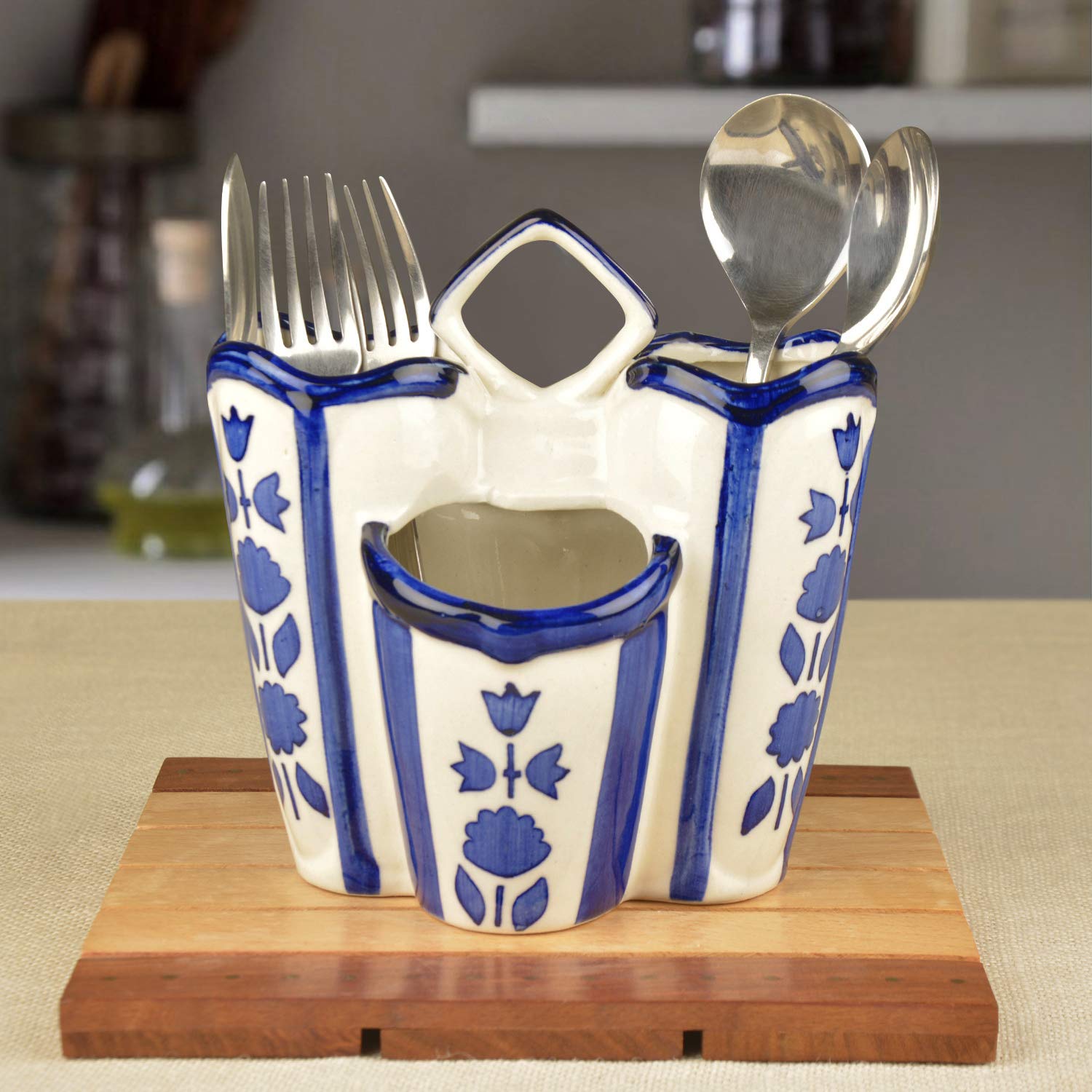 StyleMyWay Handpainted Ceramic Kitchen Cutlery Stand (White and Blue) | Pen Stand | Spoon Holder | Toothbrush Stand-image-23
