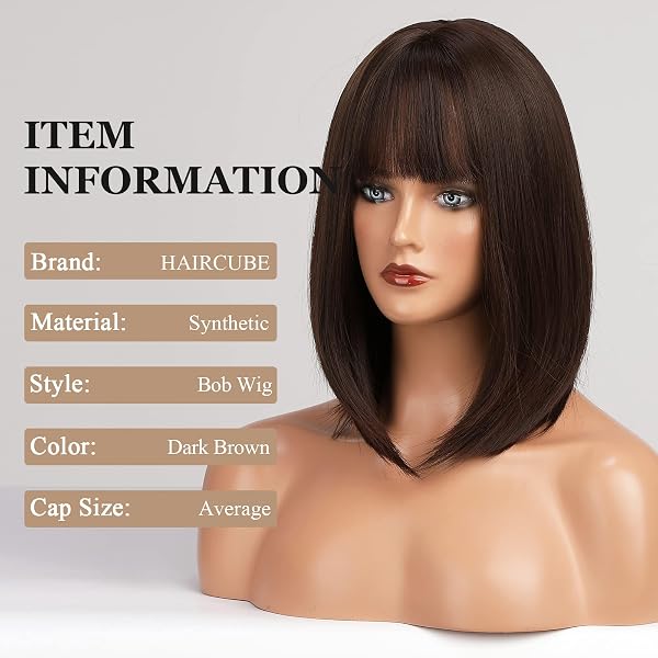 HAIRCUBE Dritto Breve Charming Bob con Bangs Parrucche per Donna Natura Resistente al calore Fibra sintetica Partito/Cosplay/Costume/Parrucca quotidiana (marrone scuro) - 3