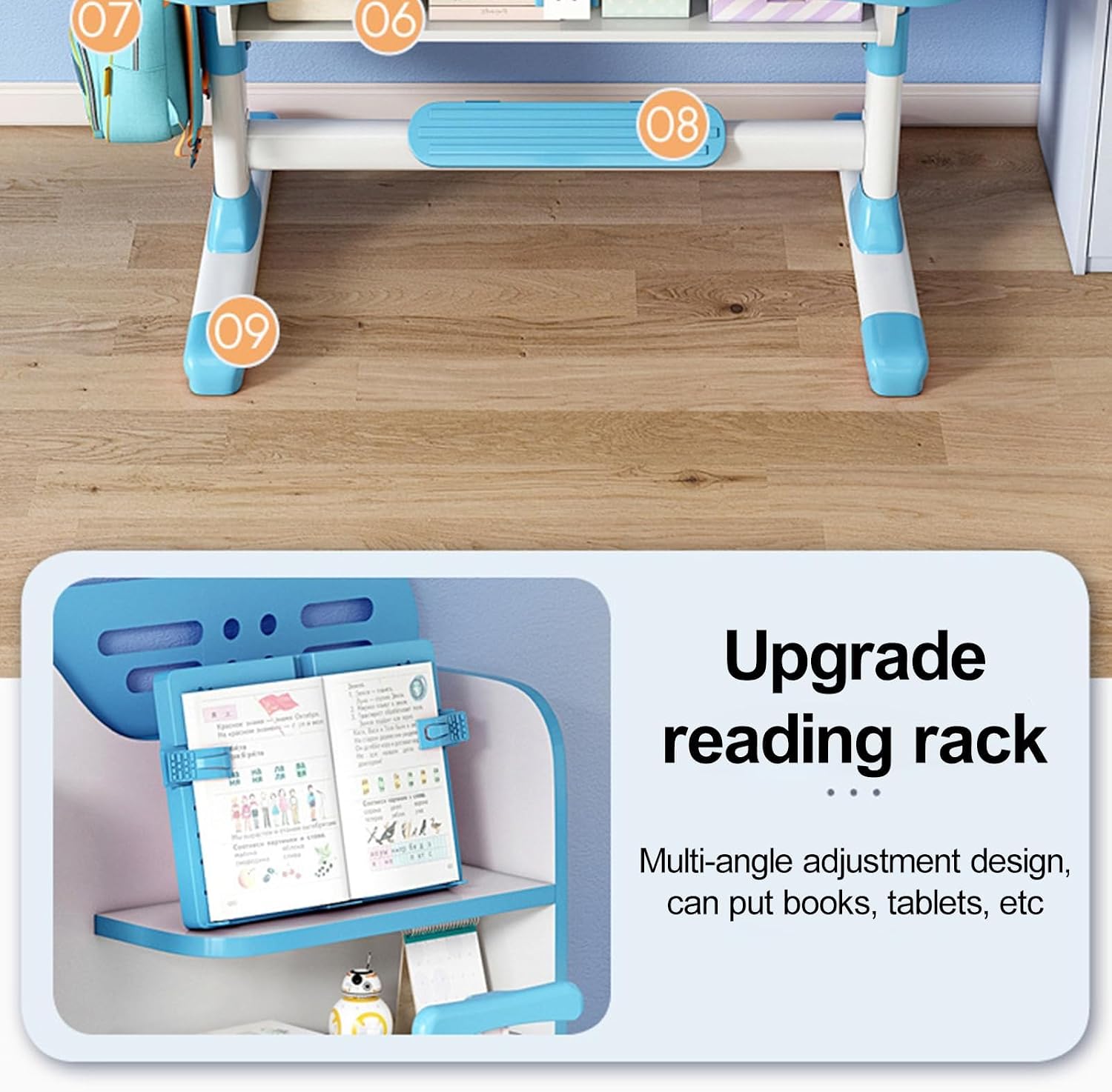 Kids Study Desk Chair Set Height Adjustable School Children Study Table Chair Set Ergonomic Desk Chairs with Large Writing Board, Bookshelf, Drawer, Book Stand Blue