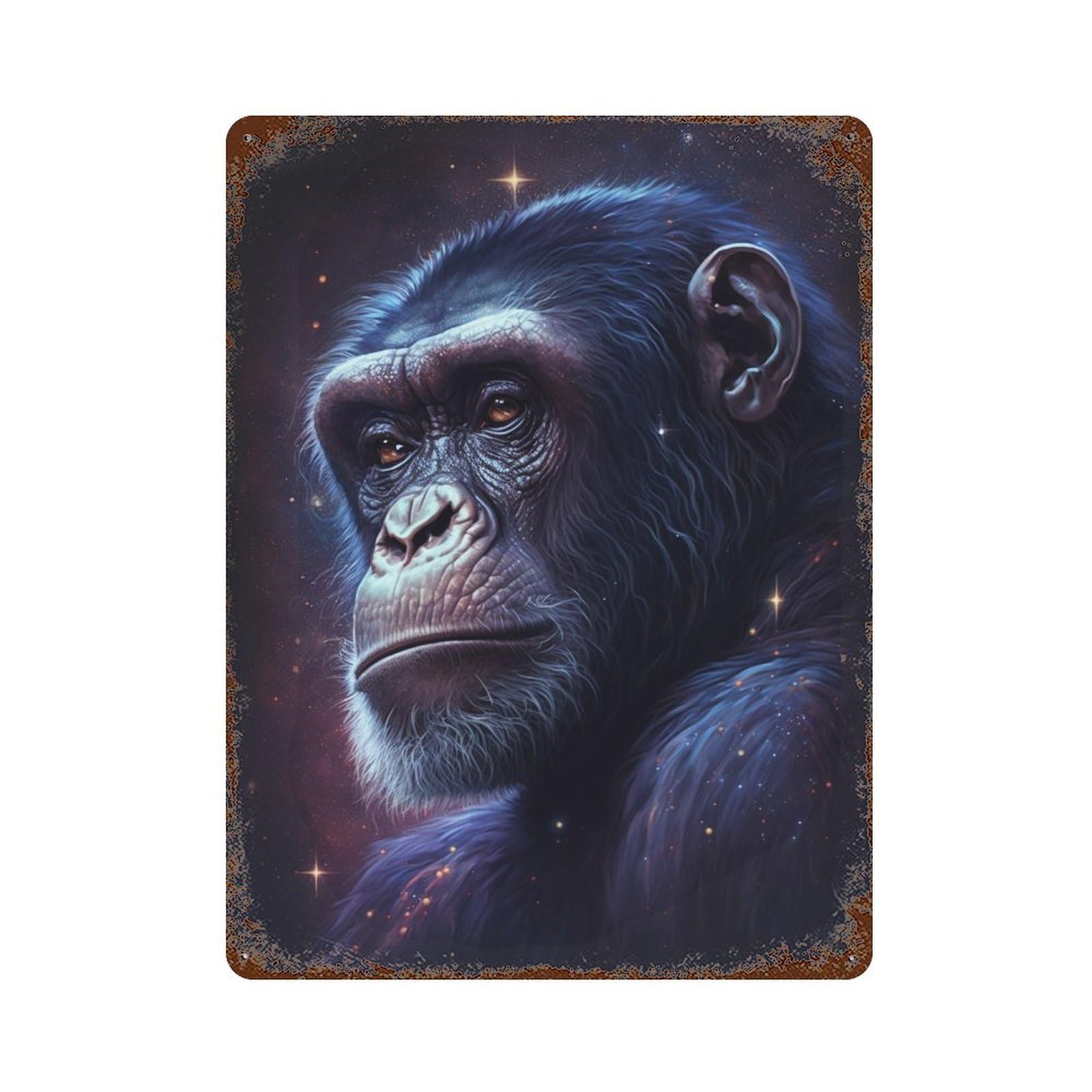 Chimpanzee Portrait Artwork 15.7"x11.8" Aged Metal Wall Plaque, Vintage Wall Decor for Basement, Hobby Room And Garage Decor