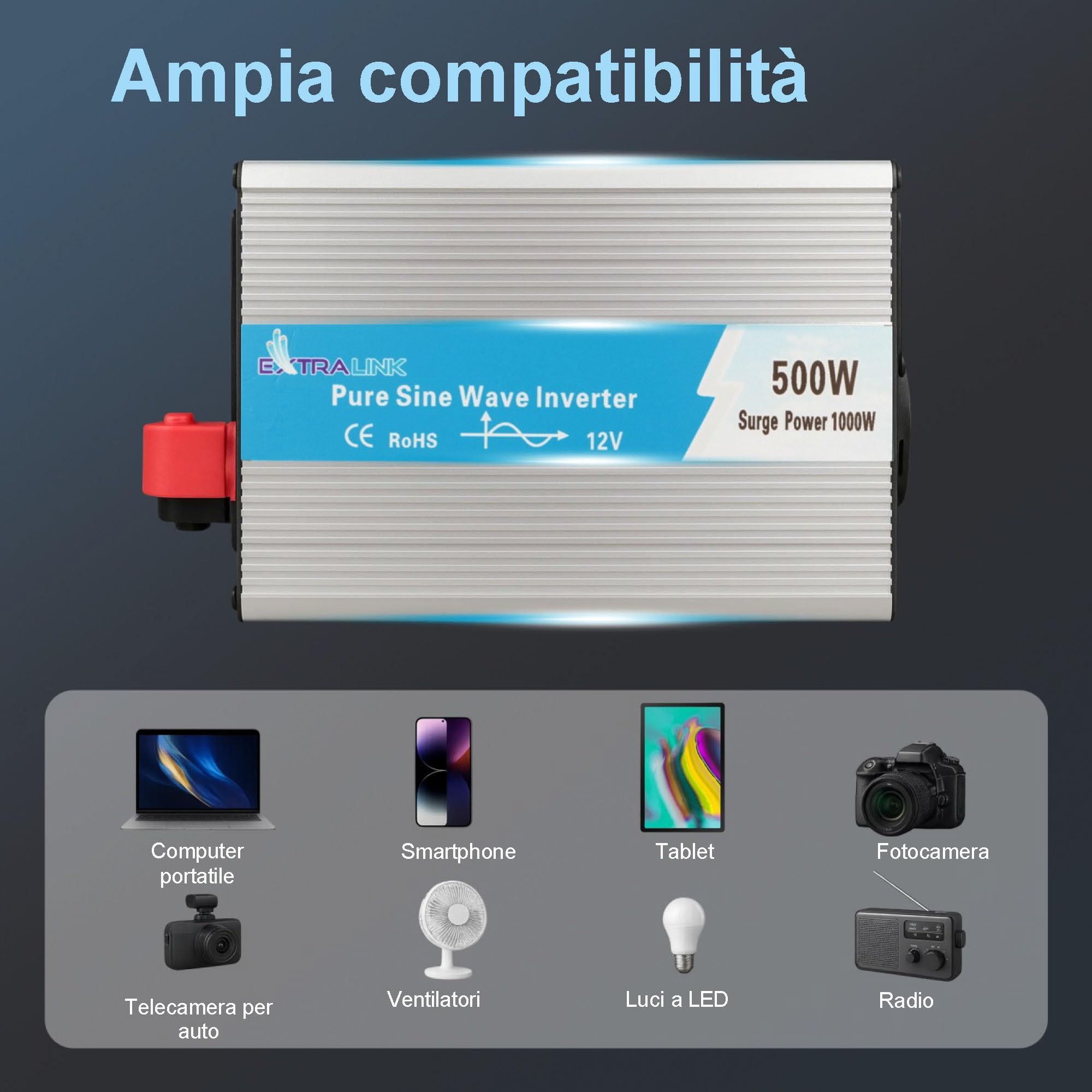 EXTRALINK Inverter 12V 220V onda pura 500W, trasformatore 220v 12v, protezione 4 livelli, ventola silenziosa, porta USB, presa accendisigari – per auto, camper, dispositivi sensibili, solar