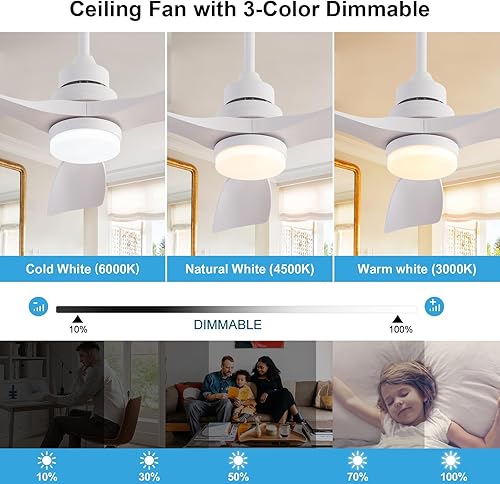 Miniatura 3 de Ventiladores de techo de 42 pulgadas con luces, regulables, cuchillas de ABS, motor CC reversible de 6 velocidades, silencioso, ventilador de techo