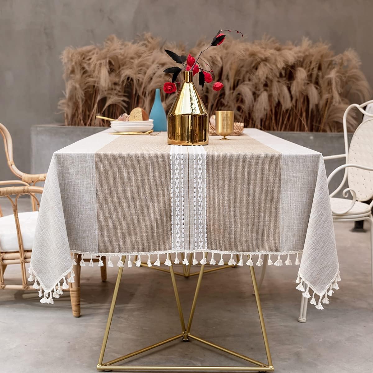 INKAROBOX Stain Resistant Rectangular Tablecloths Cotton Linen Tablecloth with Tassel Trim Washable Dust Cover Kitchen Dining Table (Light Brown, 140 x 300 cm)