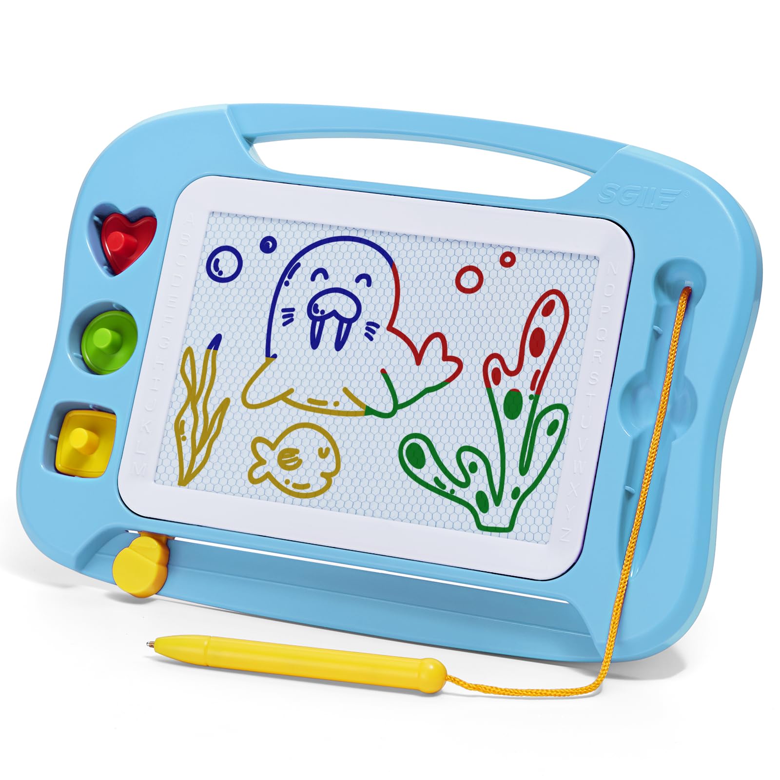 SGILE Magnetic Drawing Board for Kids, Toddlers Toys for 1 2 3 4 Year Old, Etch & Sketch Pad with 3 Stamps, Learning and Educational Toys for Boys Girls Gift, 25 x 18 CM (10 × 7 in), Sky Blue