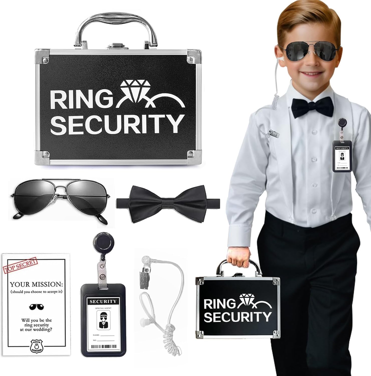 Ring Security Wedding Ring Bearer Gifts Set, Kids Briefcase with Holder Pad for 2 Rings includes Sunglasses, Earpiece, Bowtie, Bagde for Proposal Ceremony Party