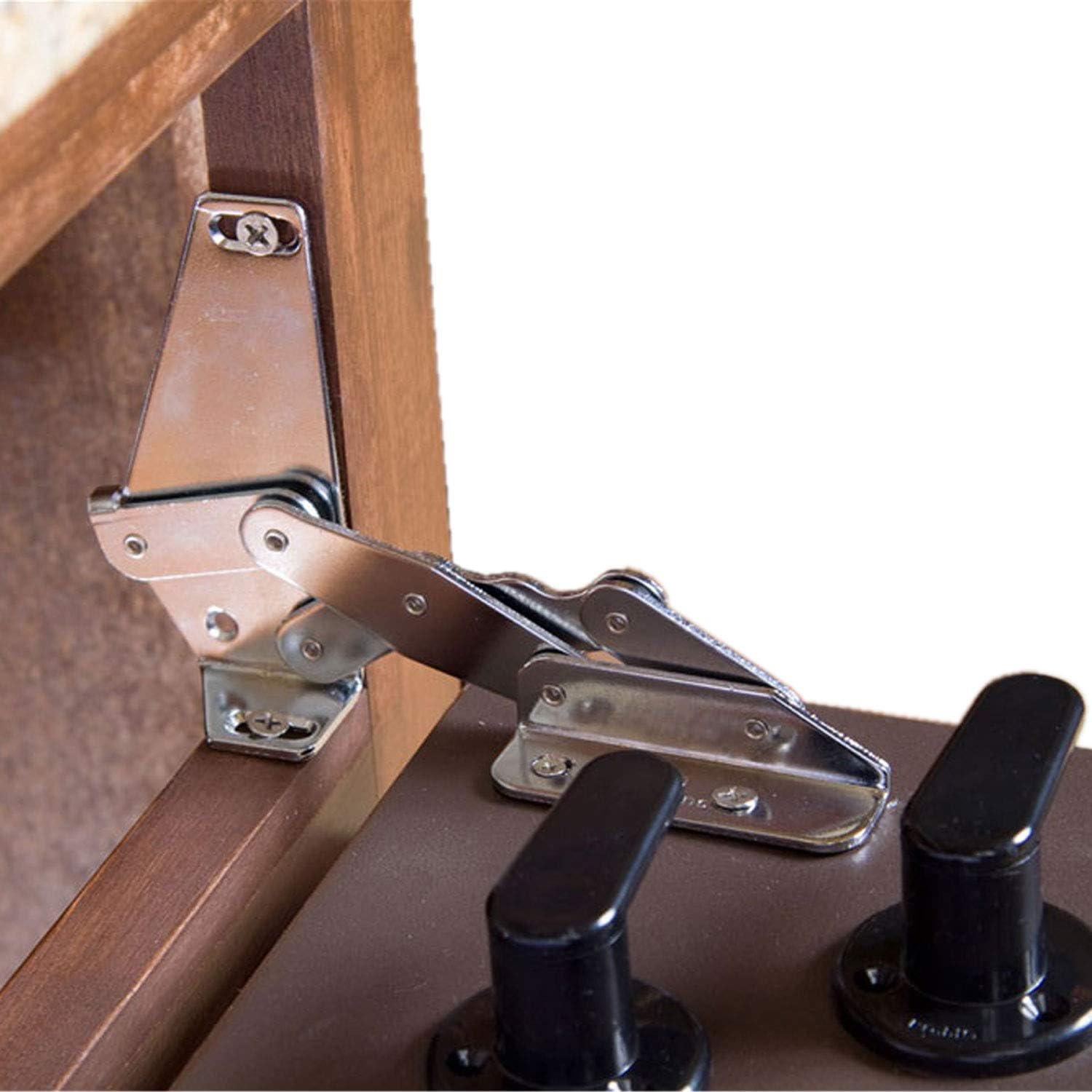 A POJJO HG90-00100 pivot hinge installed on a wooden cabinet, with the tip-out panel partially open, revealing the hinge mechanism.
