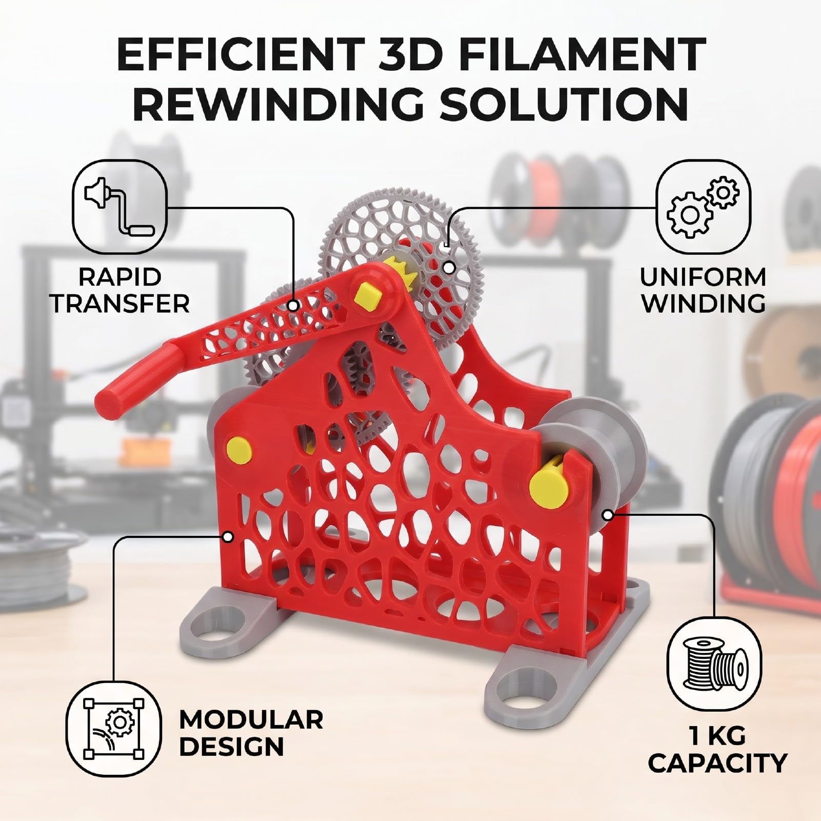 Ręczna Zwijarka do Filamentu 1 Kg do Druku 3D, Czerwona | Wymienny modułowy nawijacz szpul filamentowych, maszyna do przewijania filamentu 3D, łatwe nawijanie do druku, przenośny