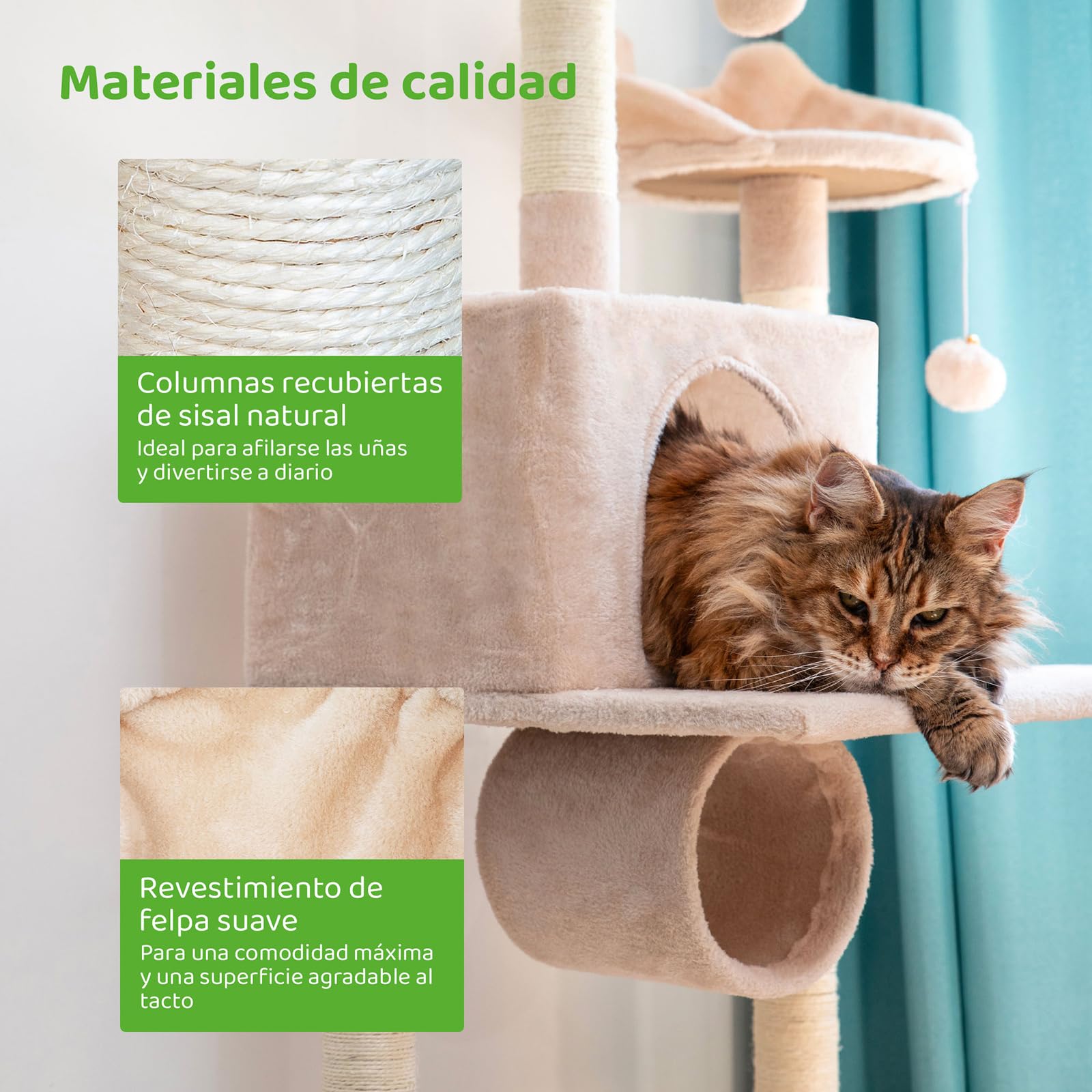 Árbol para Gatos XL, rascador para Gatos, Plataformas, caseta, Hamaca, túnel, Pelotas, columnas de sisal, Felpa, Altura 150 cm, Beige, garantía de 5 años