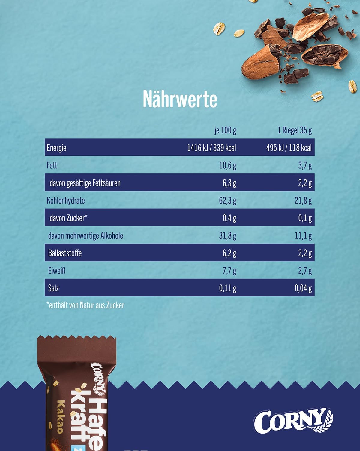 Haferriegel | Corny Haferkraft Zero Kakao | Veganer Müsliriegel ohne Zuckerzusatz | Mit Haselnüssen | Energiereicher Snack für unterwegs | 48x35g