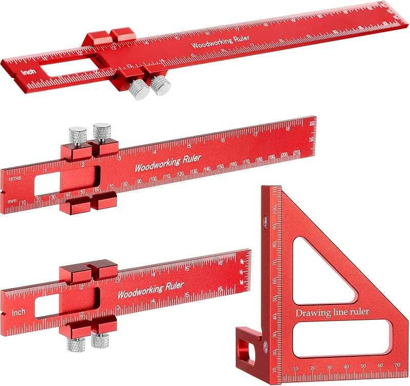 Regla para carpintería de 4 piezas, reglas de bolsillo de precisión de metal de 12, 8, 6 pulgadas con regla de medición de múltiples ángulos 3D de 45/90 grados para medir con precisión el marcado en pulgadas y métrico