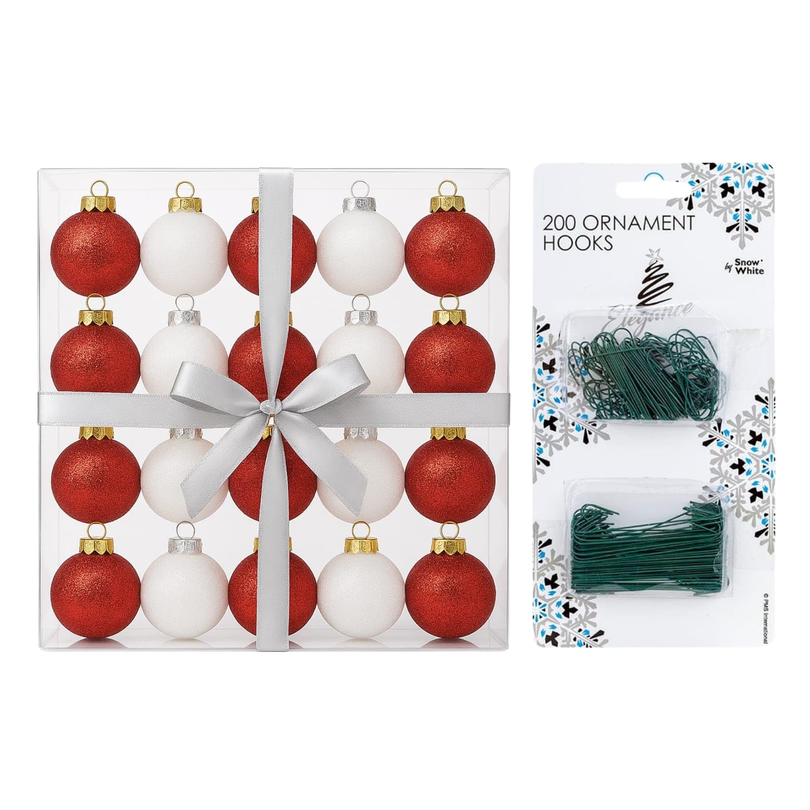 6CM/3CM 25 Pcs with 200 Bauble Hooks Christmas Tree Baubles Multiple Variation in Red&White|Shatterproof Glitter Christmas Baubles|Elegant Hanging Ornament Balls for Xmas Tree & Festive Holiday Décor.