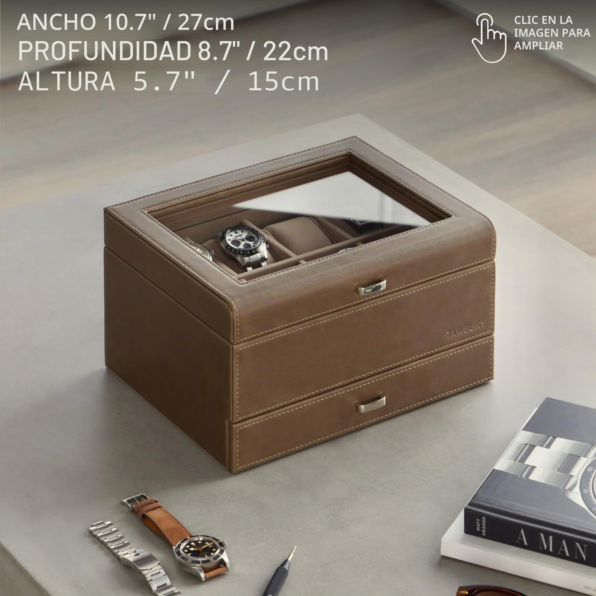 TAWBURY Caja de reloj de 8 ranuras, unisex, con cajón de almacenamiento, pantalla de cristal real y almohadas extra anchas para relojes grandes (gris pardo)