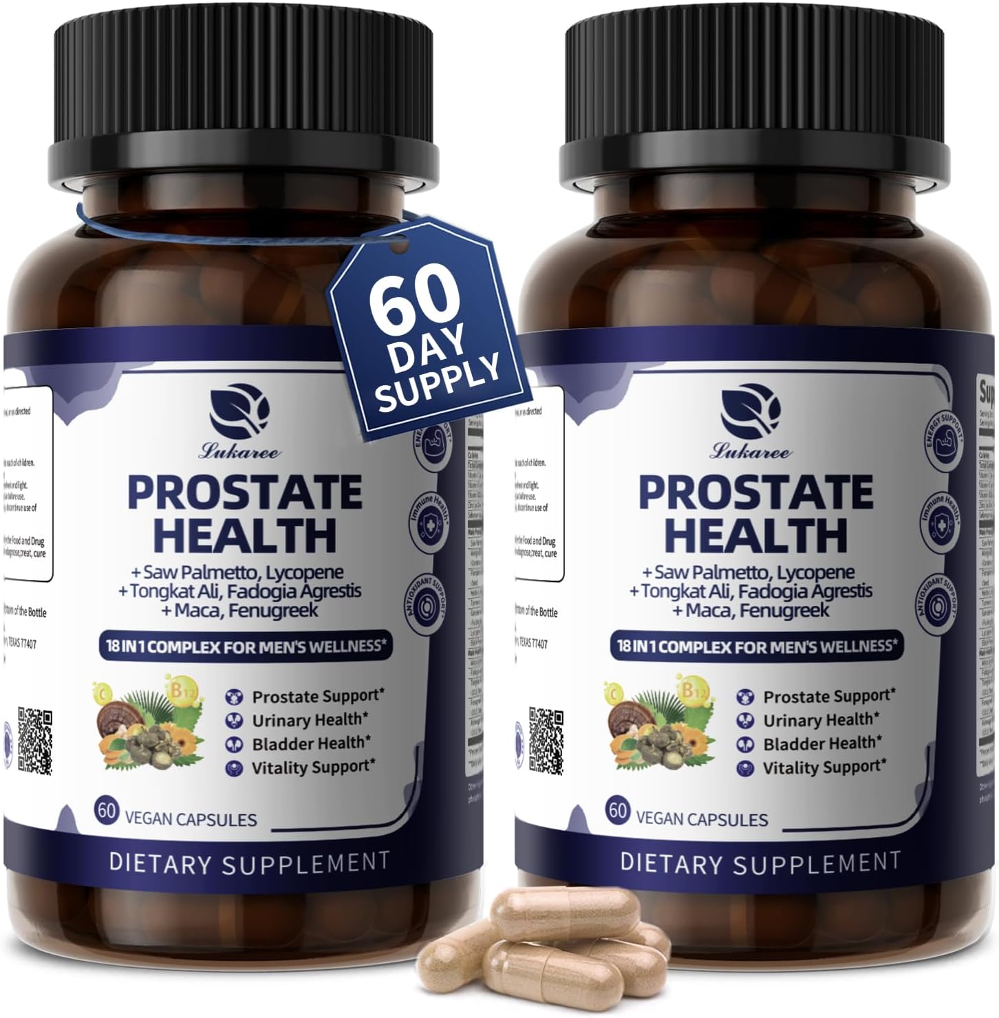 Lukaree Prostate Health Supplements for Men - 18 in 1 Saw Palmetto with Pumpkin Seed & Nettle - Advanced DHT Blocker - Urinary Tract Health Support - with Ashwagandha, Reishi, 2 Pack