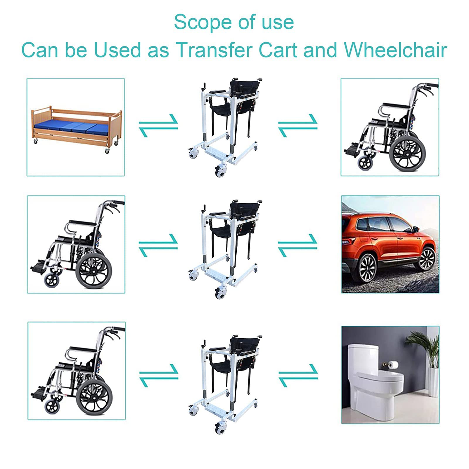 Silla de Transferencia con Elevador Pacientes, Silla de Transporte para Minusválidos y Ancianos, Silla de Traslado de Pacientes Multifuncional