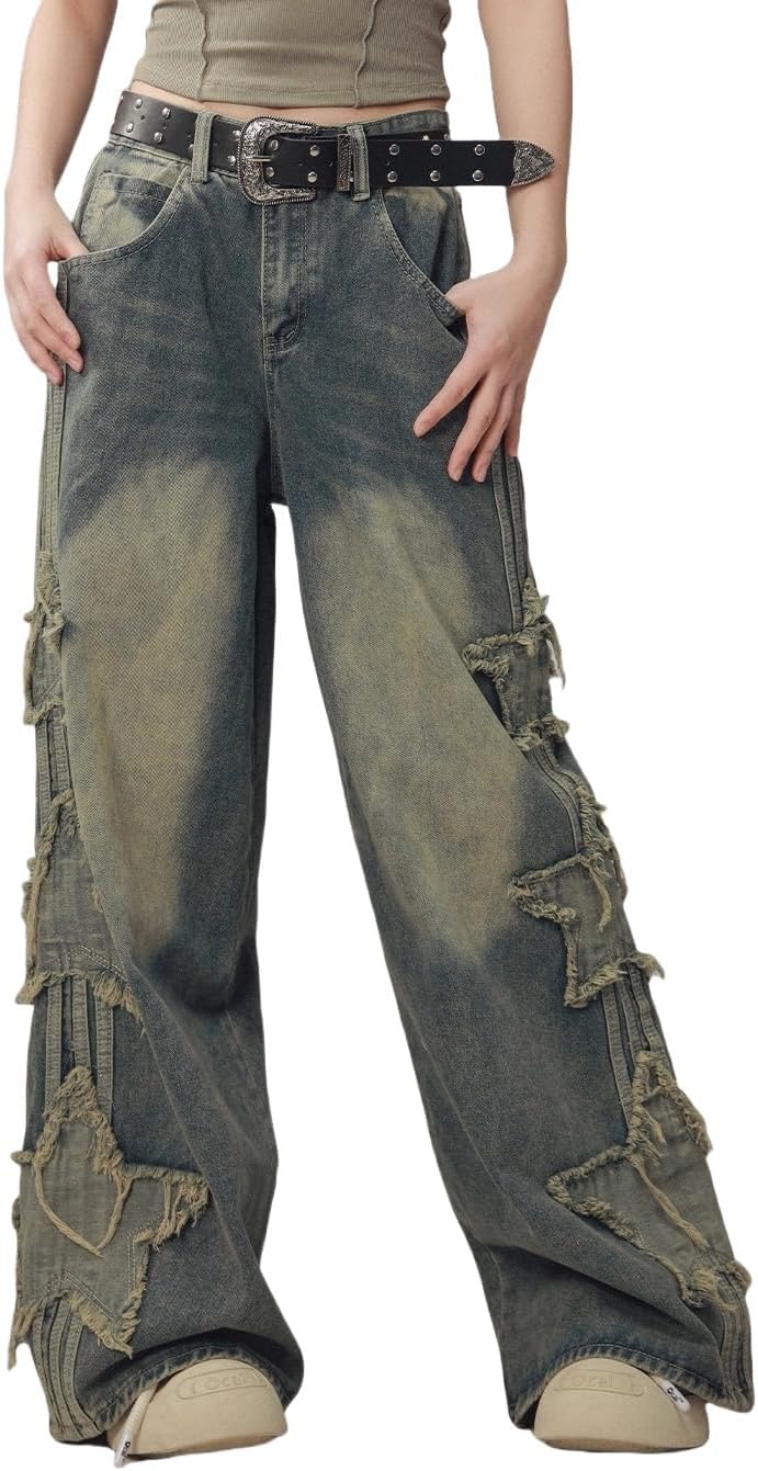 Y2K Baggy Ripped Jeans for Women – Wide Leg Butterfly Print & Star Patch Distressed Denim Pants High Waist Streetwear