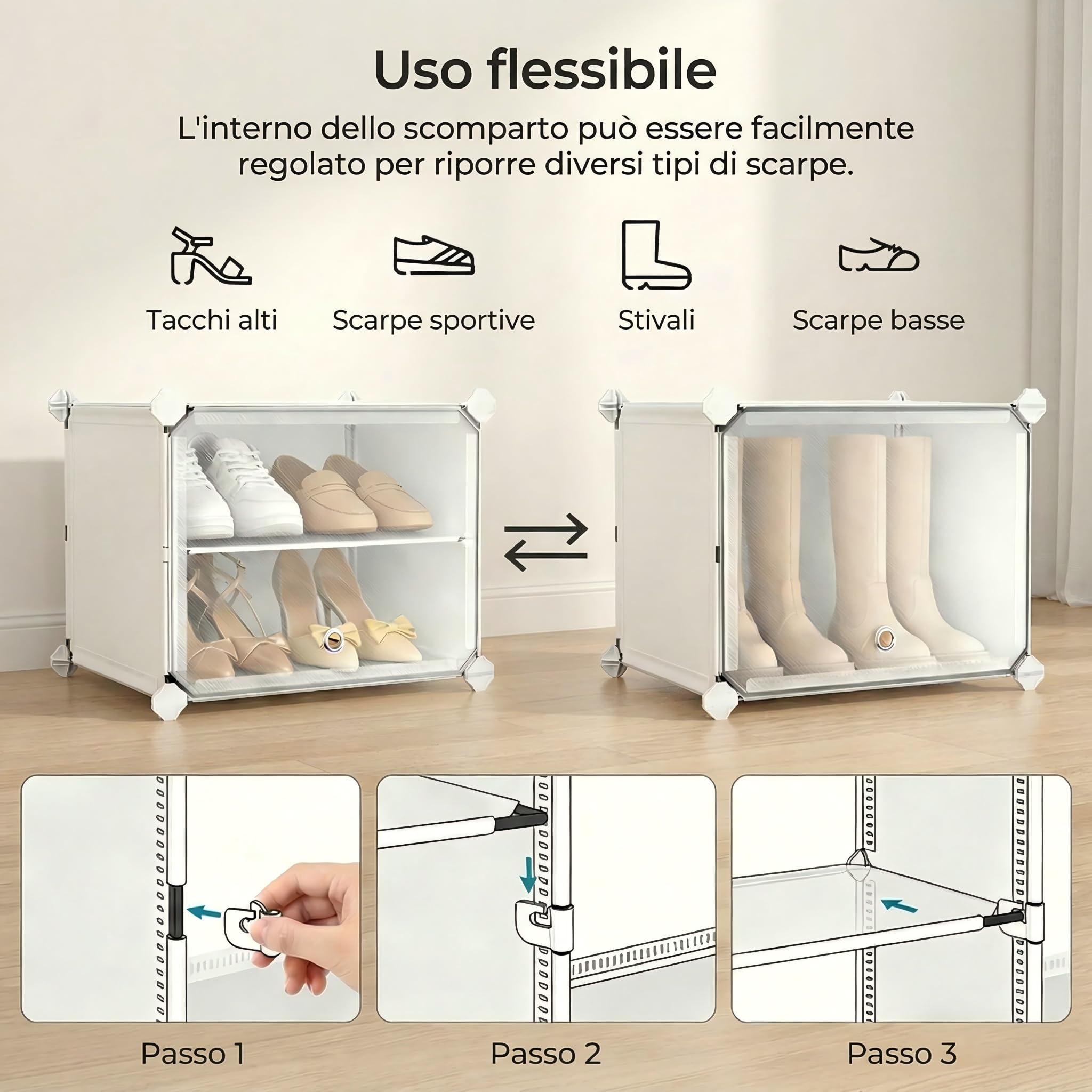 Scarpiera salvaspazio a 21 scomparti con porta, scarpiera modulare in plastica chiusa bianca, mobile per scarpe ingresso fai da te per corridoio camera da letto