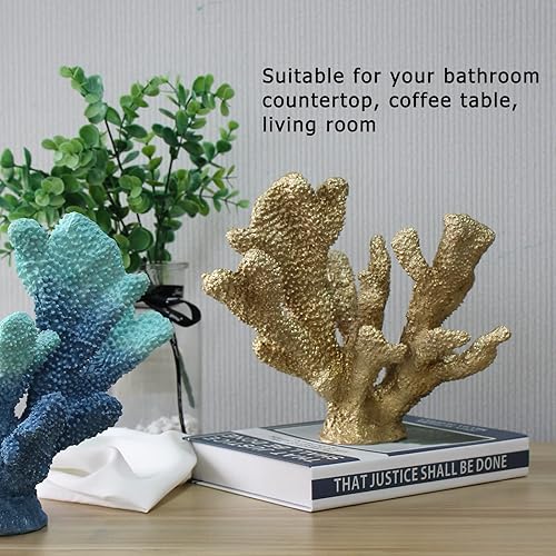 Miniatura 8 de Decoración de coral dorado artificial, resina de arrecife de coral, decoración náutica de mesa, decoración del hogar y sala de estar (7.8 pulgadas