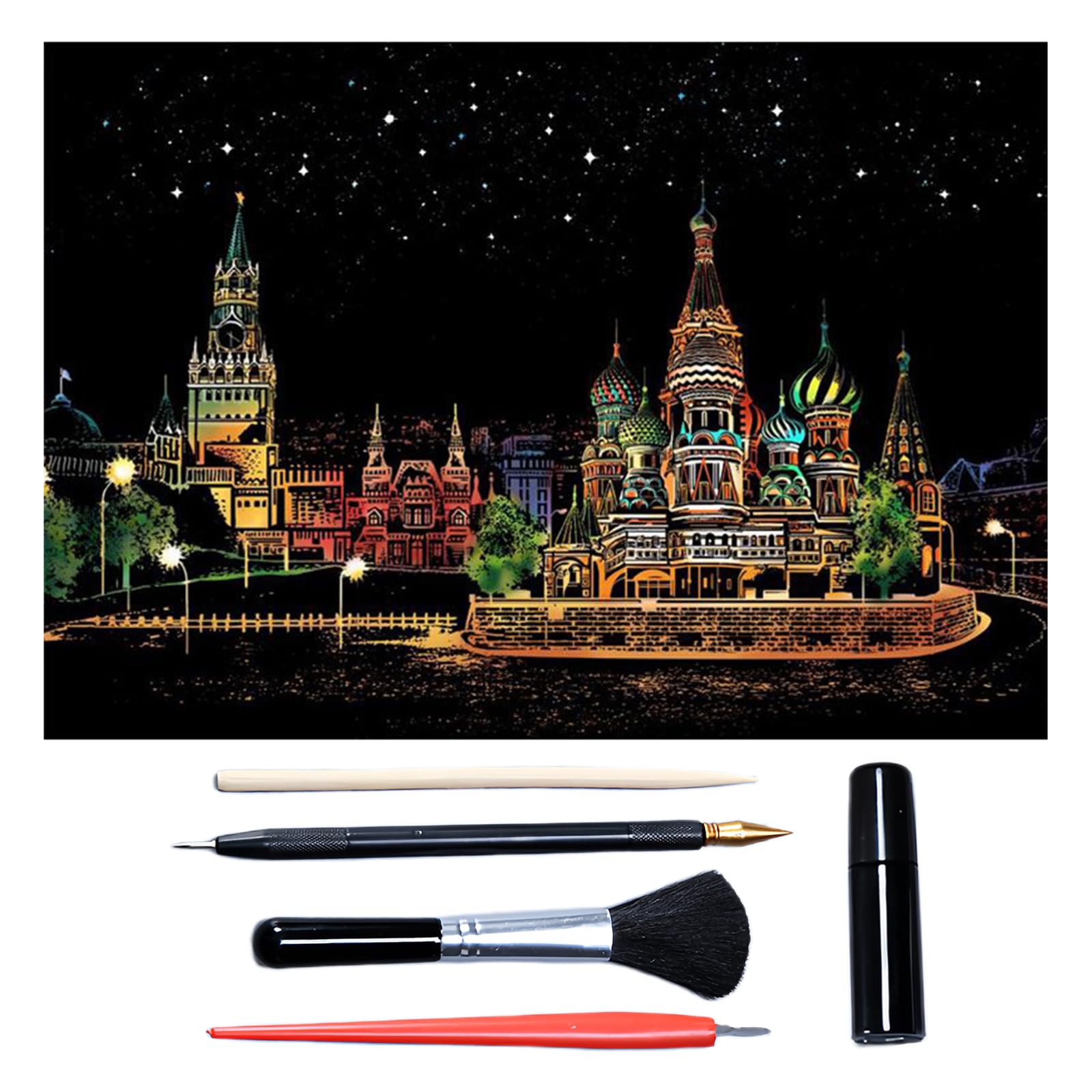 Scratch Art for Adults & Teens 16 x 11.2 Inches, Paint by Scratch Kit Adult Rainbow, Colorful Sketch DIY Night View Scratchboard (Red Square, Russia)