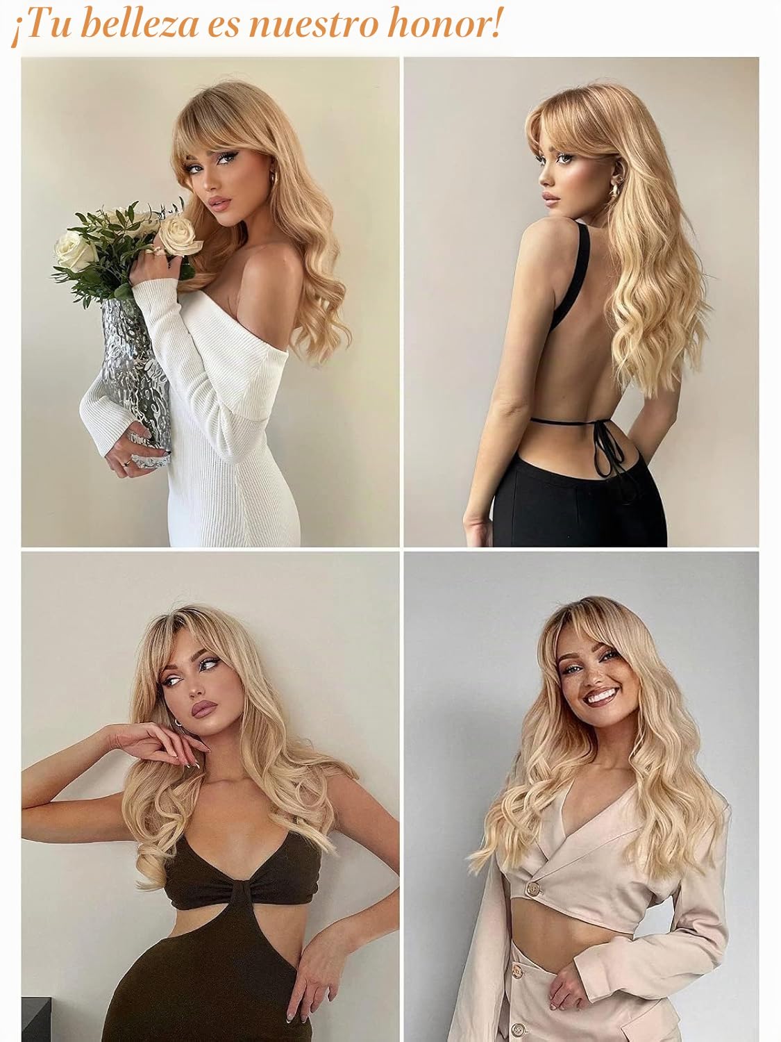 Peluca Rubia con Flequillo Cortina - Peluca Larga Ondulada para Mujeres, Cabello Sintético Resistente al Calor con Raíces Oscuras