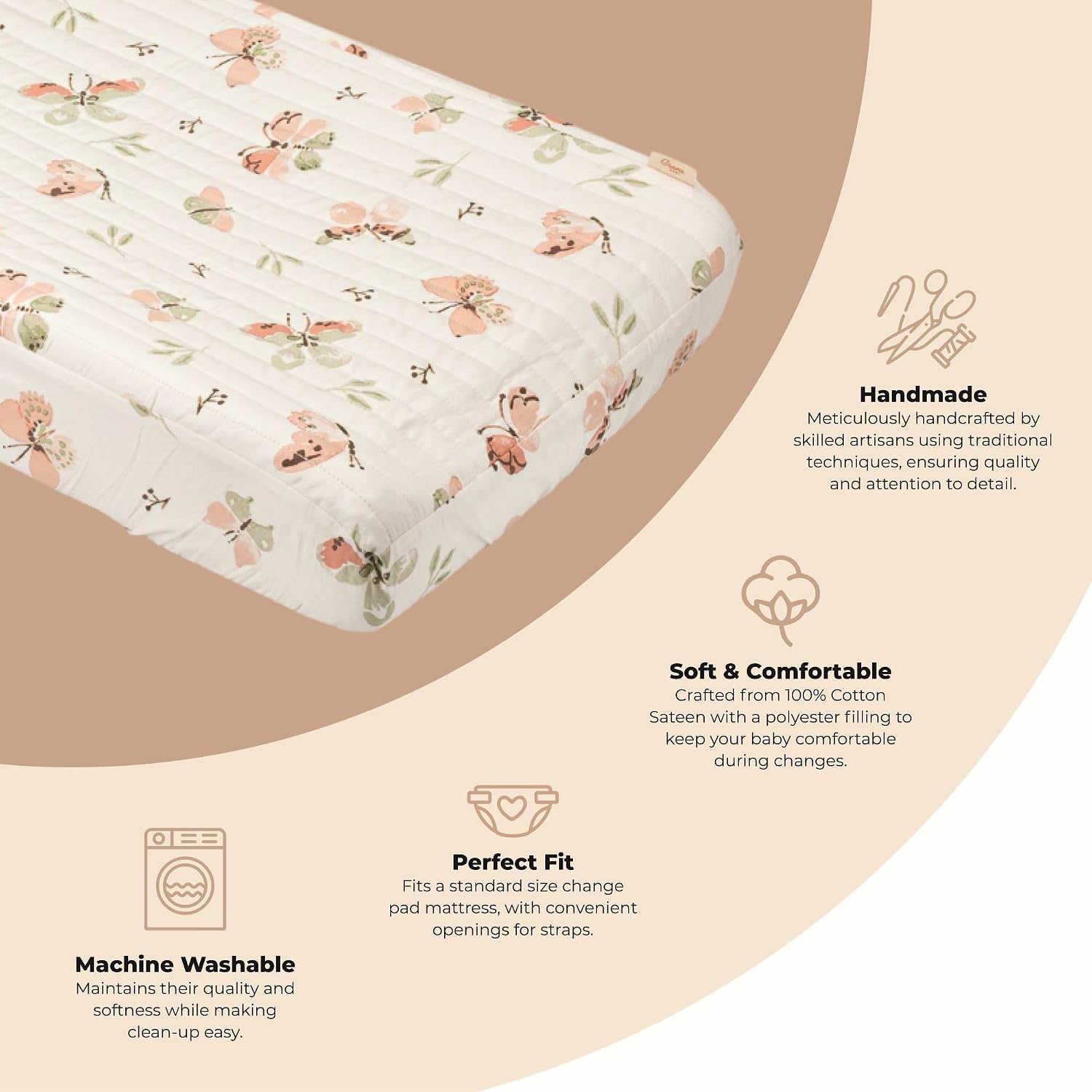 Crane Baby Changing Pad Cover, 100% Cotton Sateen Exterior, Pink Nursery Decor, Pink Butterfly Baby Changing Table Pad Cover, Fits Standard 16″ x 32″, Butterfly Nursery Decor, Change Table Sheets
