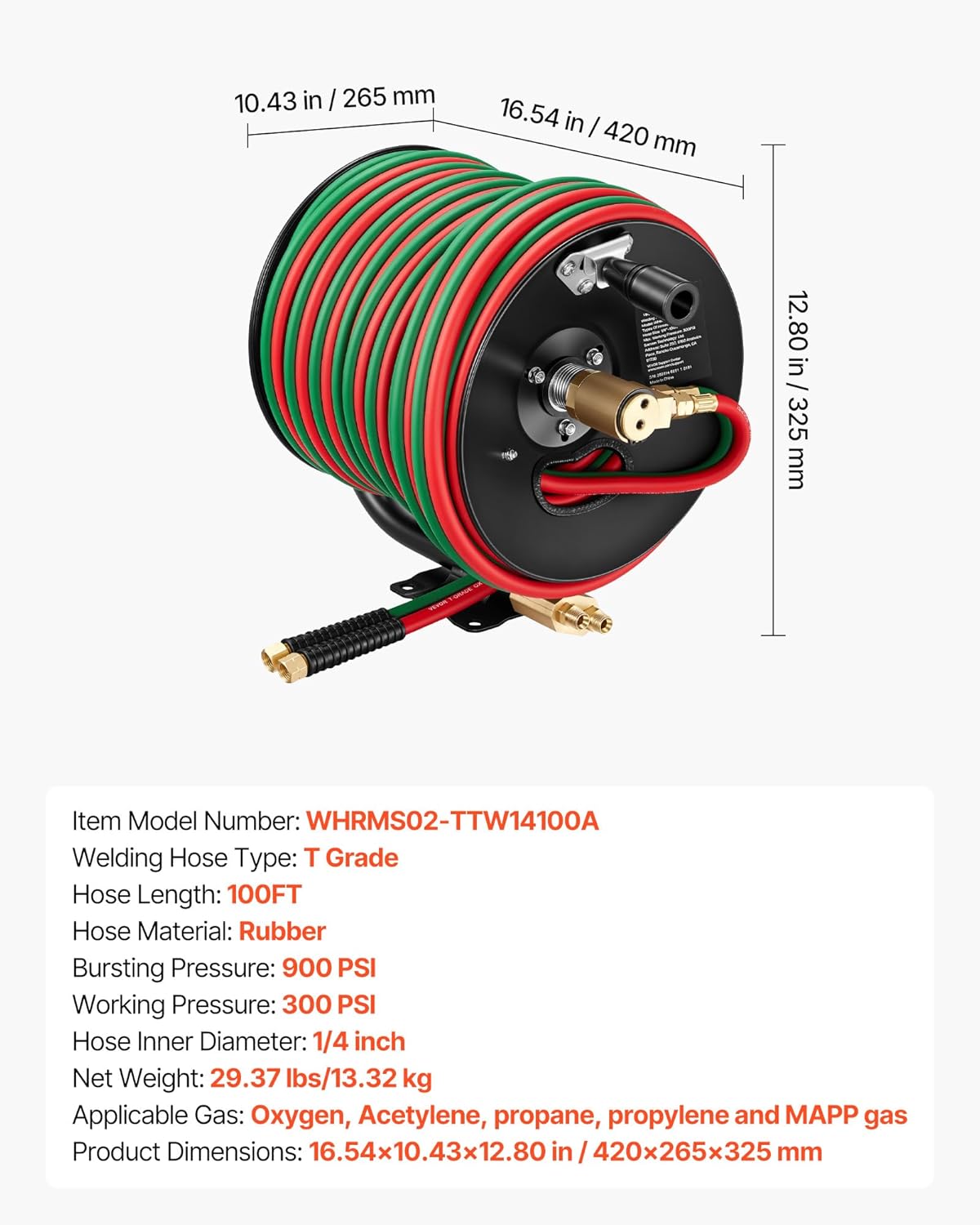 VEVOR Retractable Welding Hose Reel, Hand Crank Manual Rewind Hose Reel with 1/4 Inch x 100FT Twin Oxygen Acetylene Rubber Hose Max 300PSI - T Grade, Ceiling/Wall Mount Steel Reel for Workshop Garages