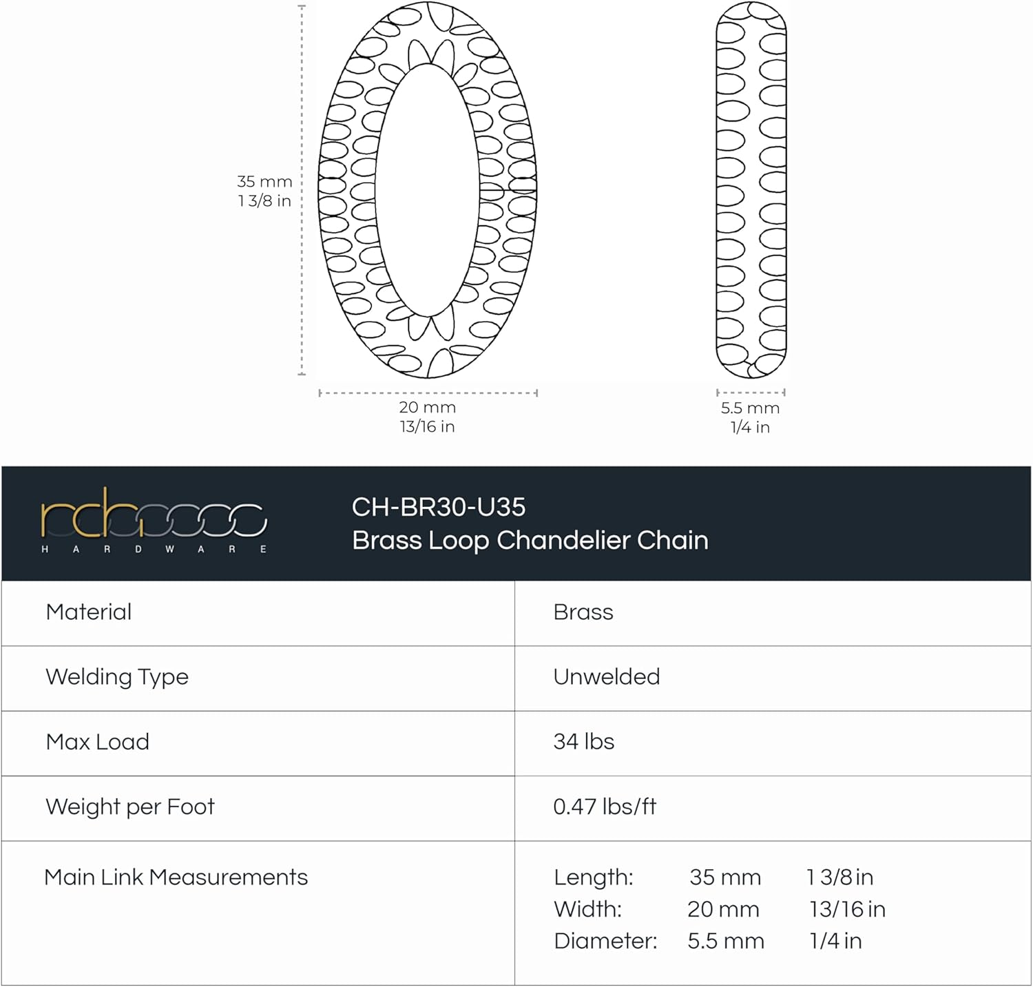 RCH Hardware CH-34-BRZ Brass Chandelier Chain, Bronze (1 Foot)