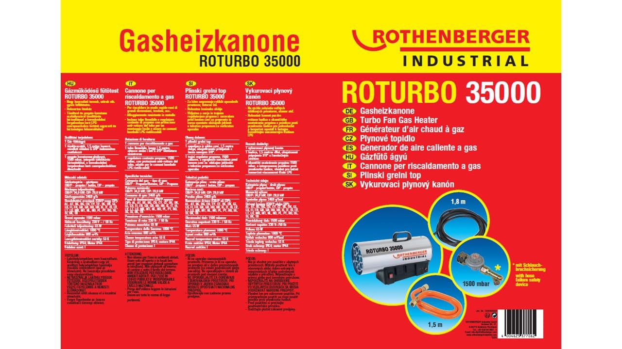 Rothenberger Industrial RoTurbo 35000 Gas-Heizkanone 34,0 kW inkl. Piezo-Zündung, Schlauch & Schlauchbruchsicherung