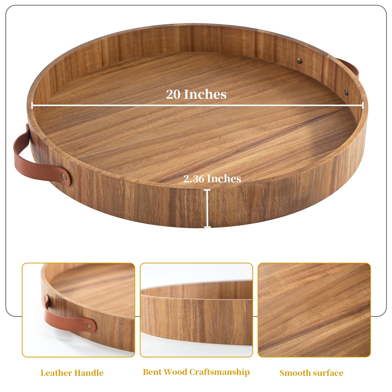 Bandeja otomana con asas, bandeja grande redonda de 20 pulgadas para servir de madera otomana, bandejas decorativas para sala de estar, bandejas de madera para mesa de café, cena, desayuno, aperitivos