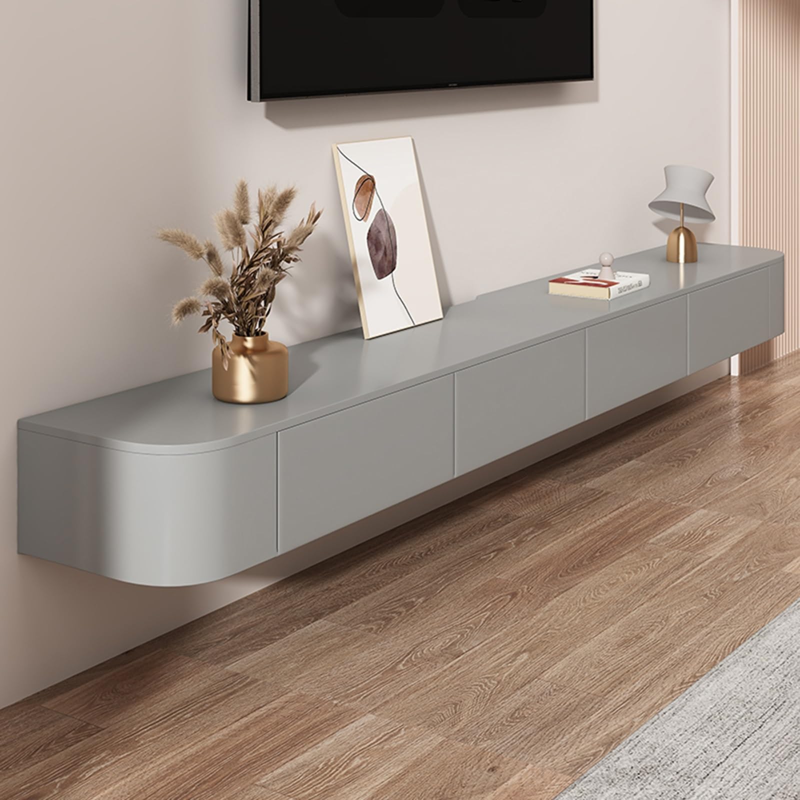 Soporte flotante para TV, consola multimedia de entretenimiento con armario de almacenamiento, armario de TV montado en la pared con estantes flotantes (gris, 200 x 20 x 24 cm)