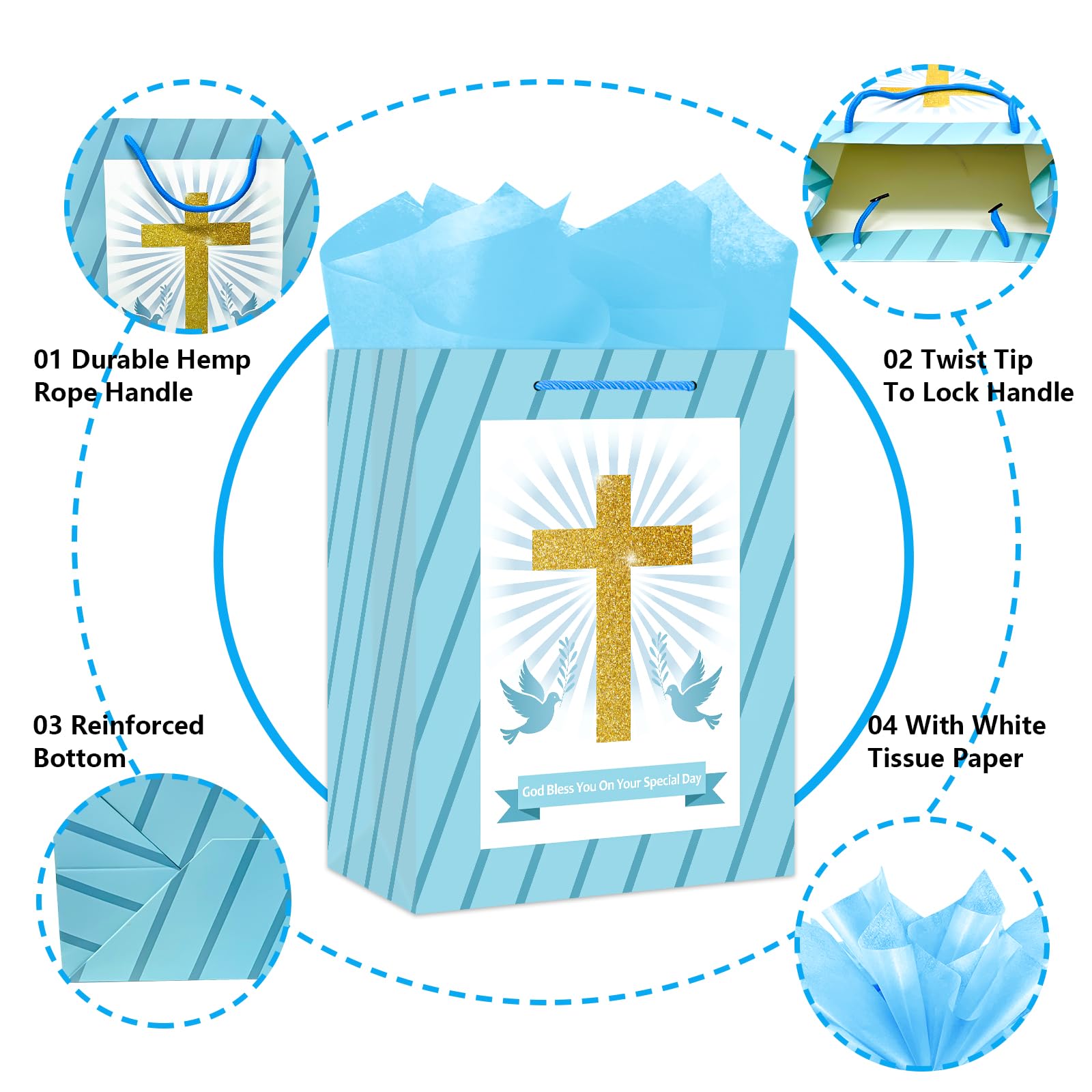 BIZIBAFF First Communion Gifts Bag for Boys Girls - 13" Baptism Gifts Bag with Tissue Paper Easter Religious Christian Gift Bag Christenings Confirmations Gifts for Baby Boys Girls