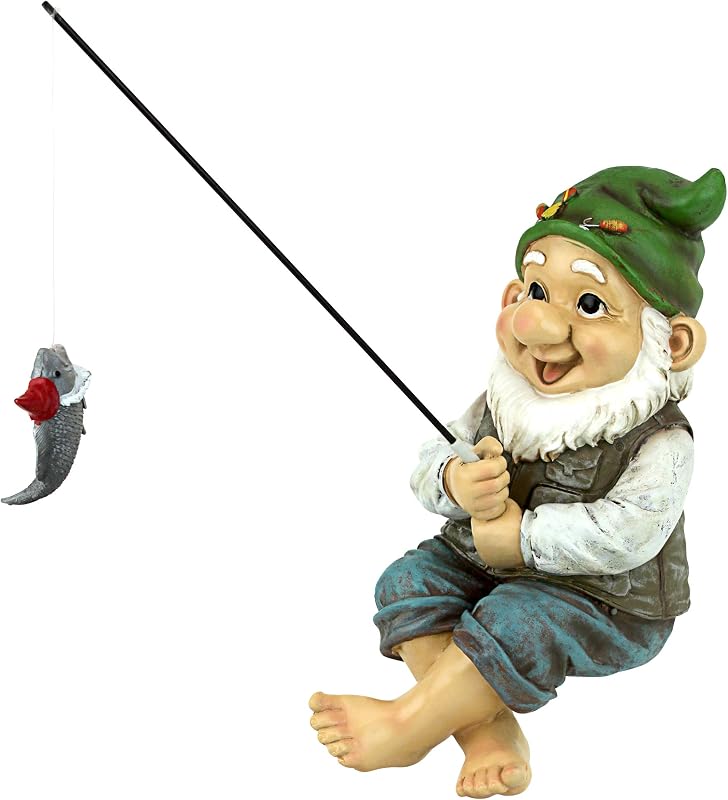 Design Toscano Ziggy with Fishing Pole Garden Gnome Indoor/Outdoor Shelf Sitter Statue, 9 Inch Tall, Cast Stone Resin, Full Color Finish