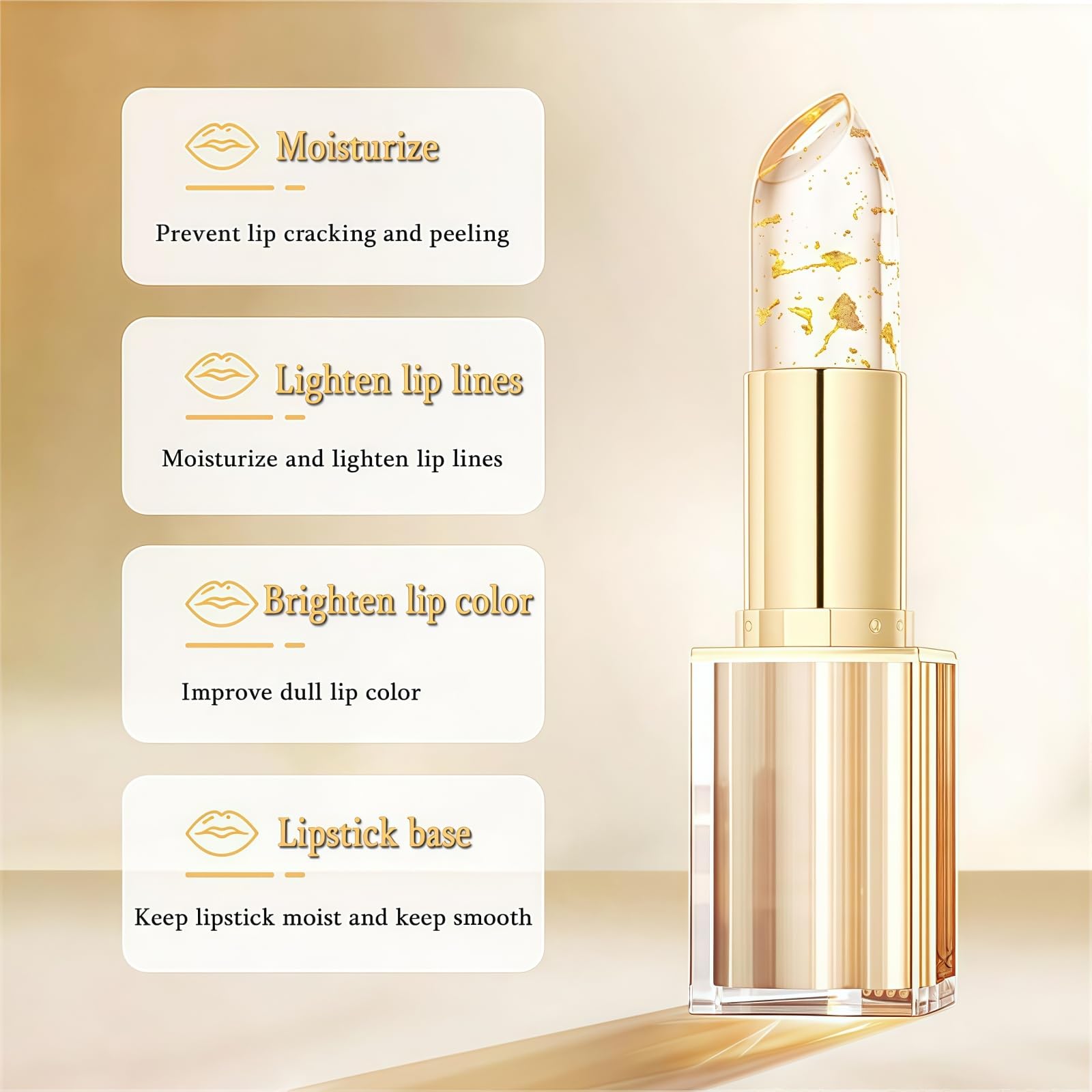 Transfer-Proof Color Changing Lipstick with Gold Foil,Transparente Transferproof Gold Crystal Color Changing Lip Stick,24h Long-Lasting Hydration & Glossy Shine Lip Gloss,Colour Changing Lipstick - Image 3