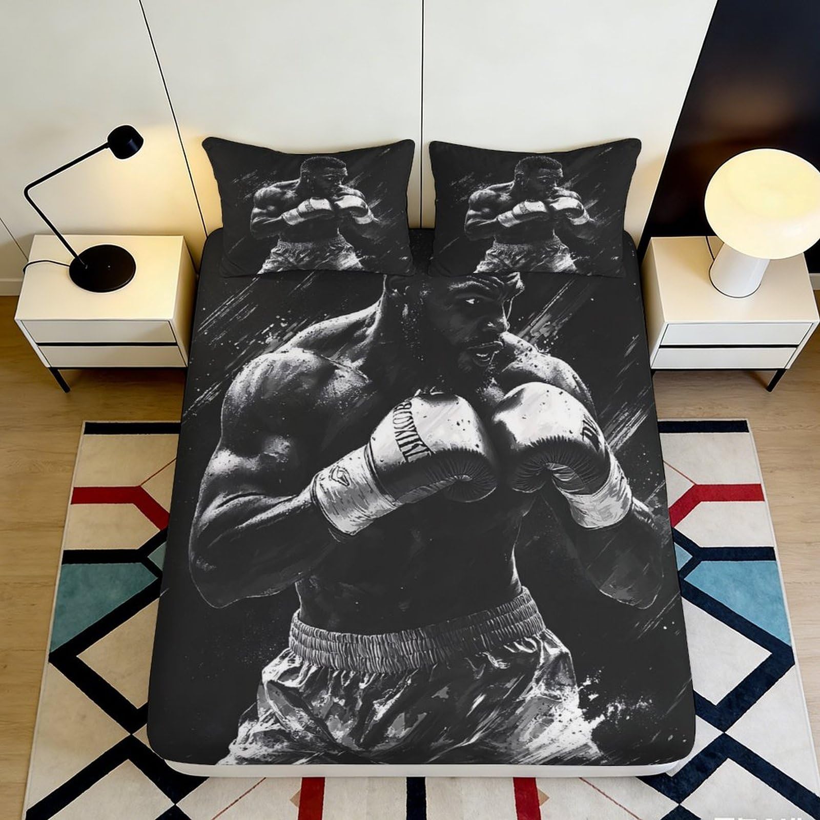 3D Printed Boxing Champion Fitted Sheet Microfiber Soft Black White Athlete Bed Sheet for Bedroom Guest Room Decor 90x200x25cm