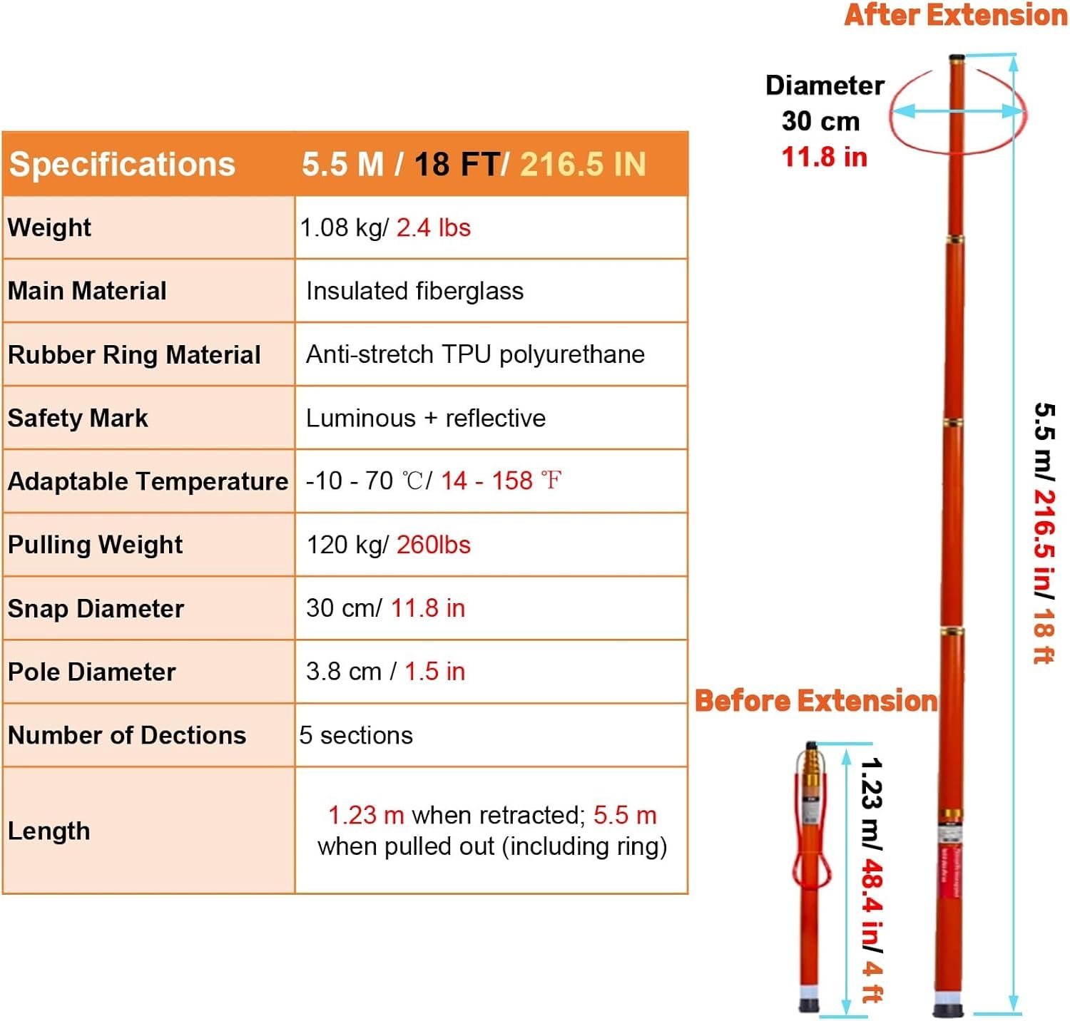 Słupek ratunkowy do basenu Profesjonalny wielofunkcyjny drążek ratunkowy do basenu, hak zabezpieczający(5.5 M/18 FT/216.5 IN)