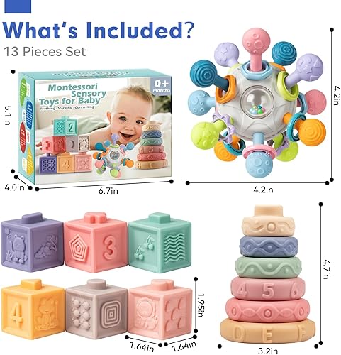 Miniatura 8 de Jyusmile Juego de juguetes sensoriales para la dentición para bebés, juguetes Montessori para bebés de 6 a 12 meses, incluye mordedores de sonajero