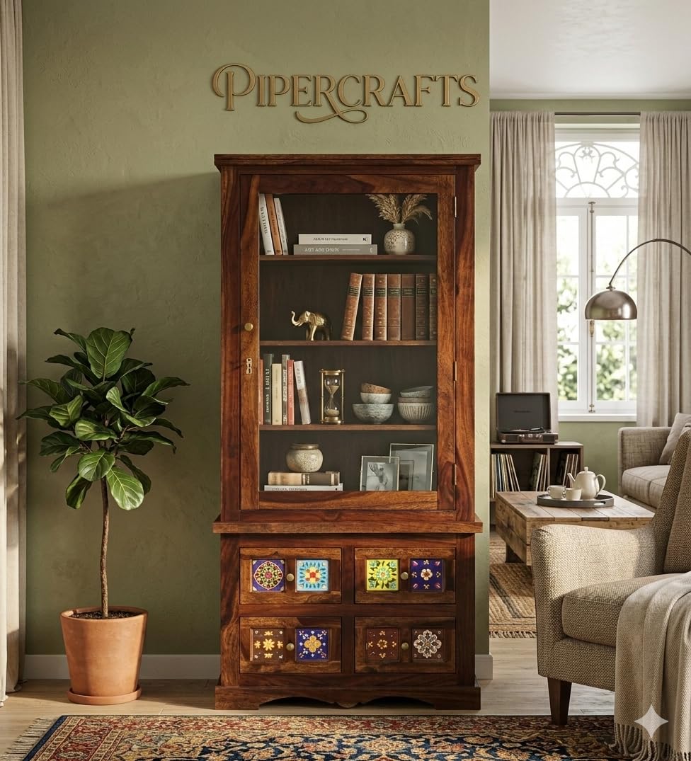 Solid Sheesham Wooden Bookshelf with Glass Door for Living Room, Multipurpose for Home Office Bed Room Study Kitchen, Solid Wood Bookcase Provincial Teak Finish-image-22