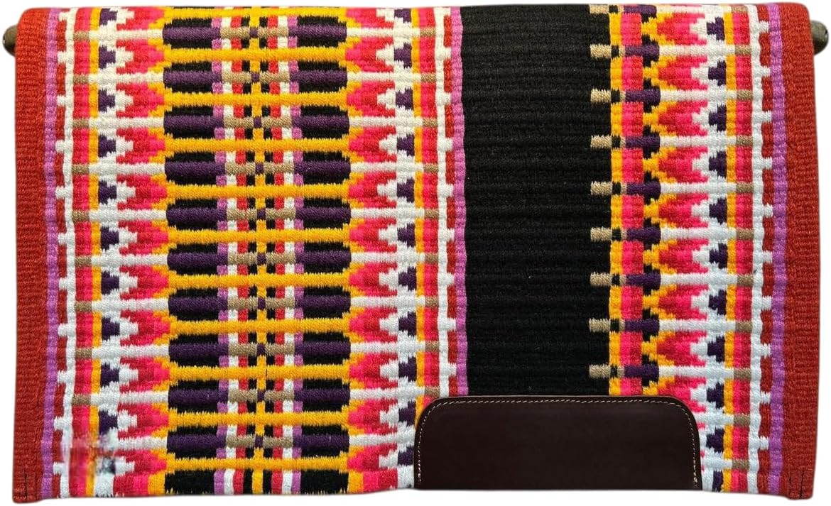Western Saddle Blanket Pad, Pink and Brown Aztec Pattern, Woven Textile with Leather Corner